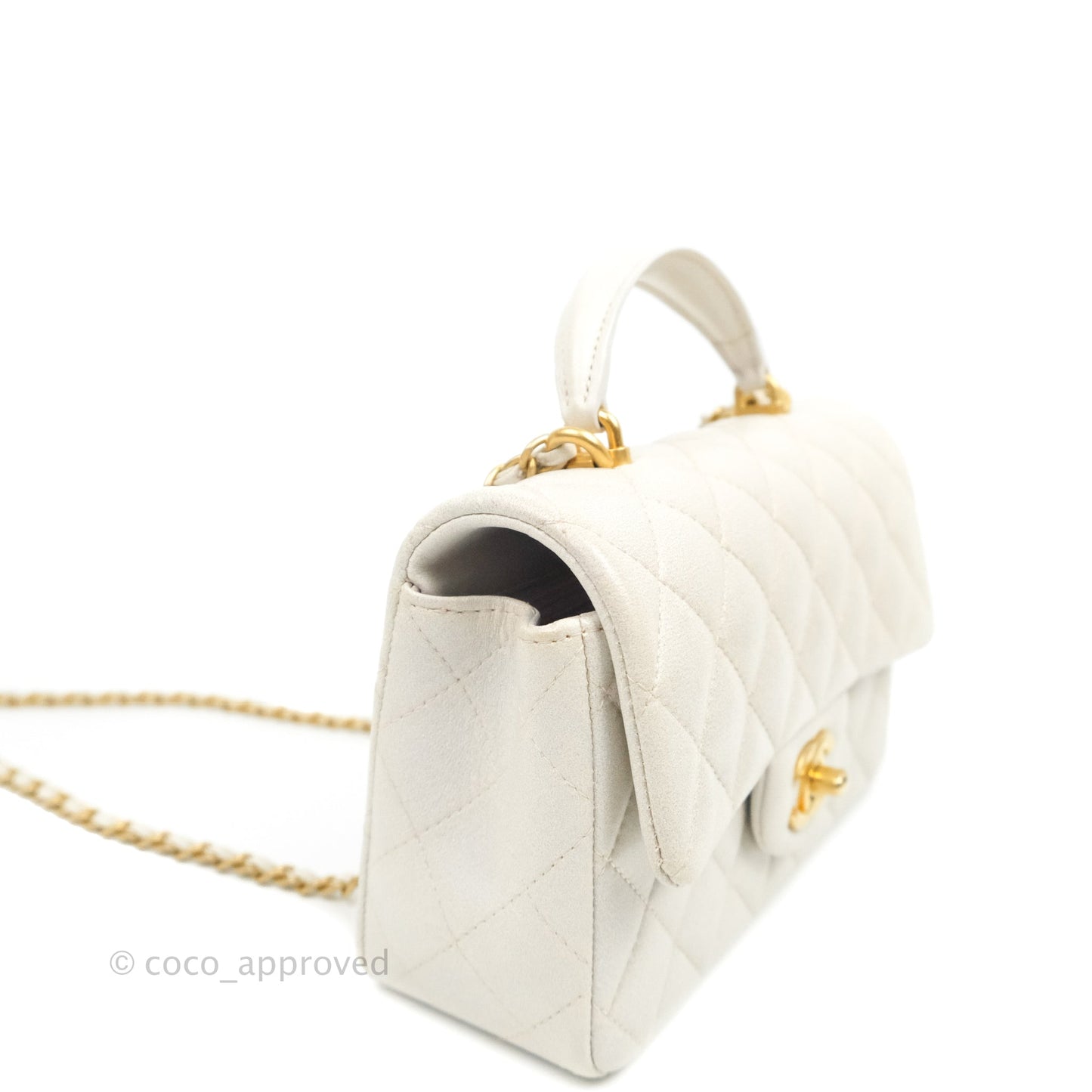 Chanel Top Handle Mini Rectangular Flap Bag Iridescent White Lambskin Aged Gold Hardware
