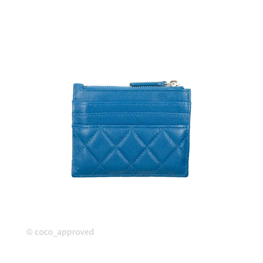 Chanel Quilted CC Zipped Card Holder Blue Caviar Silver Hardware