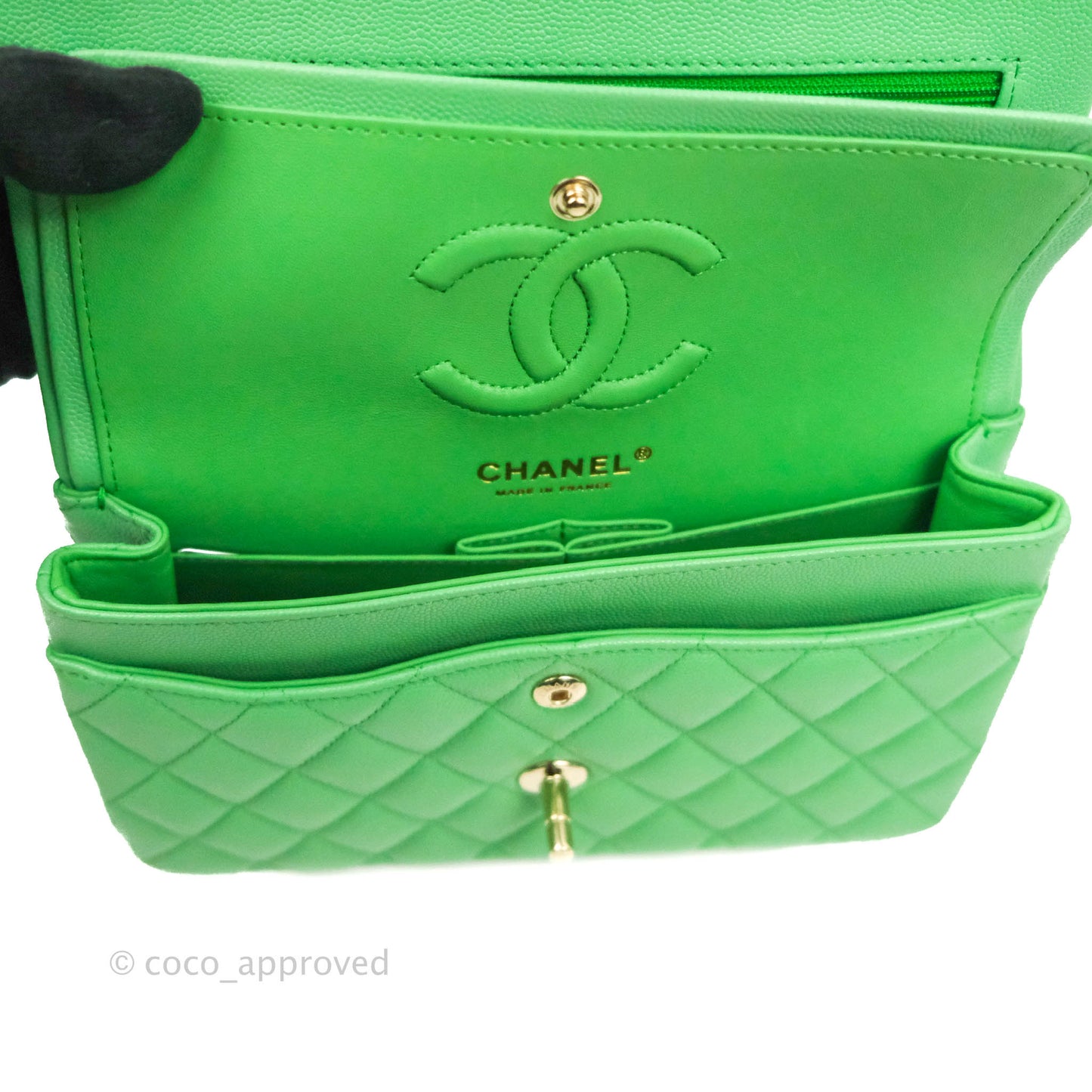 Chanel Small Classic Quilted Flap Green Caviar Gold Hardware