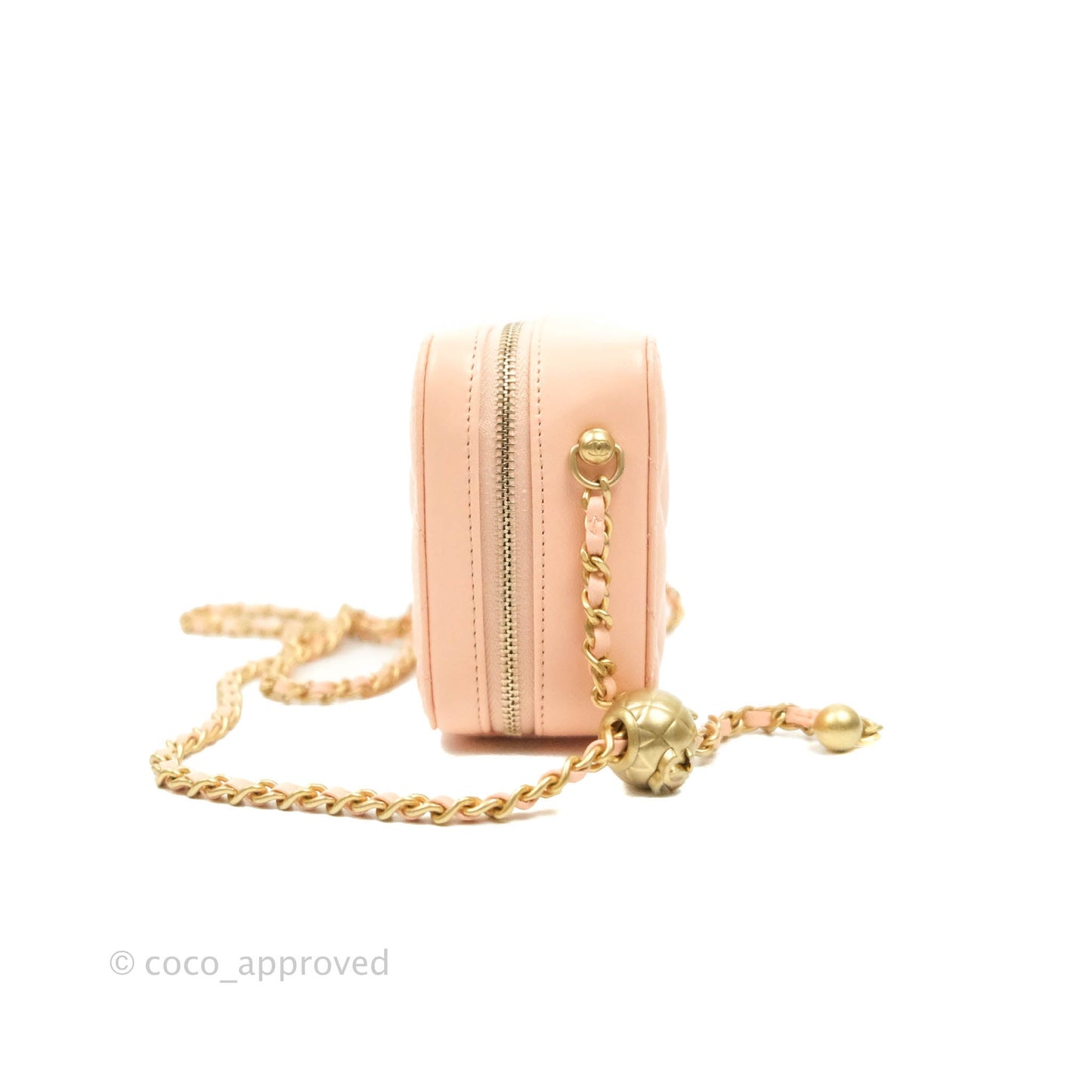 Chanel Mini Pearl Crush Quilted Camera Case Beige Pink Lambskin Aged Gold Hardware
