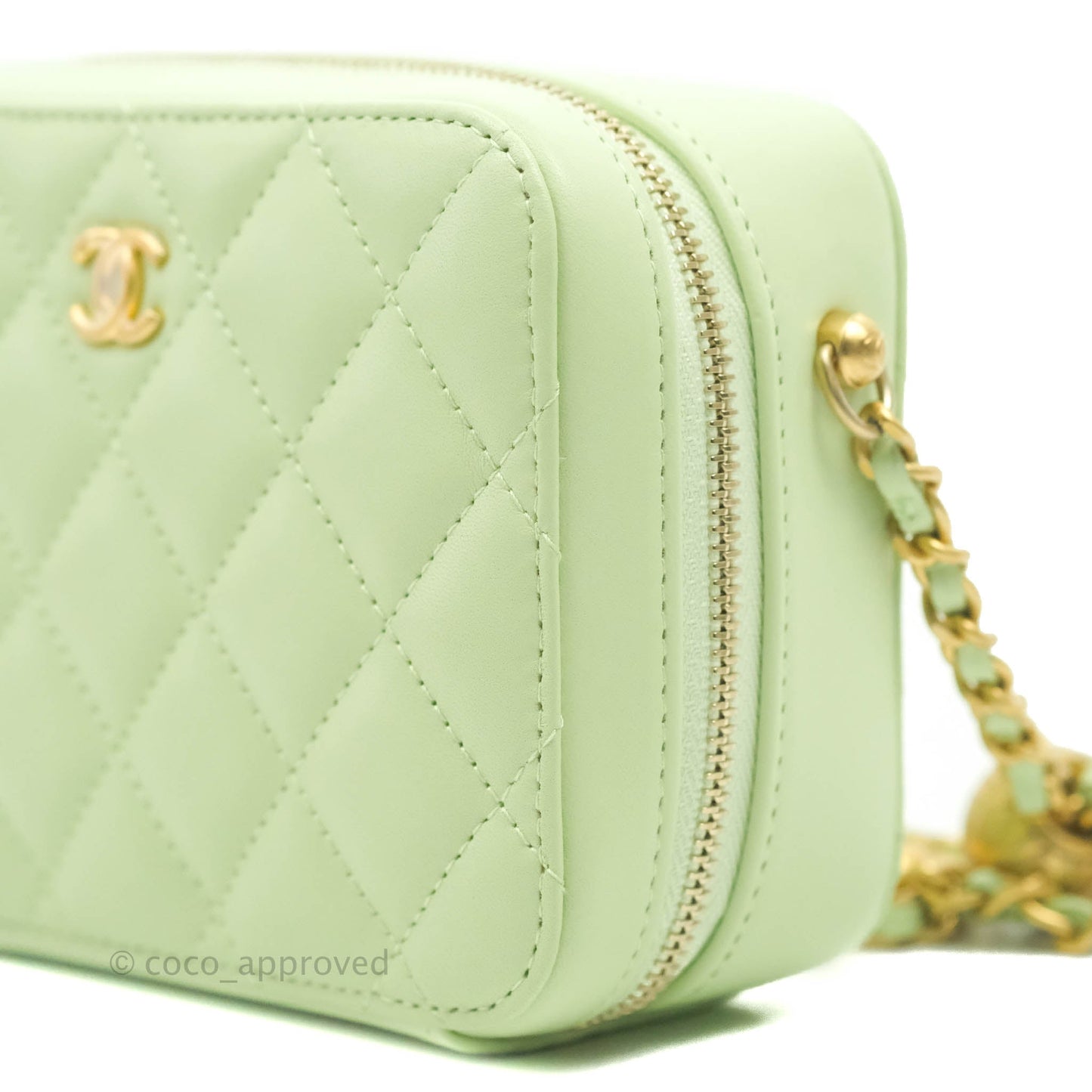Chanel Mini Pearl Crush Quilted Camera Case Pastel Green Lambskin Aged Gold Hardware