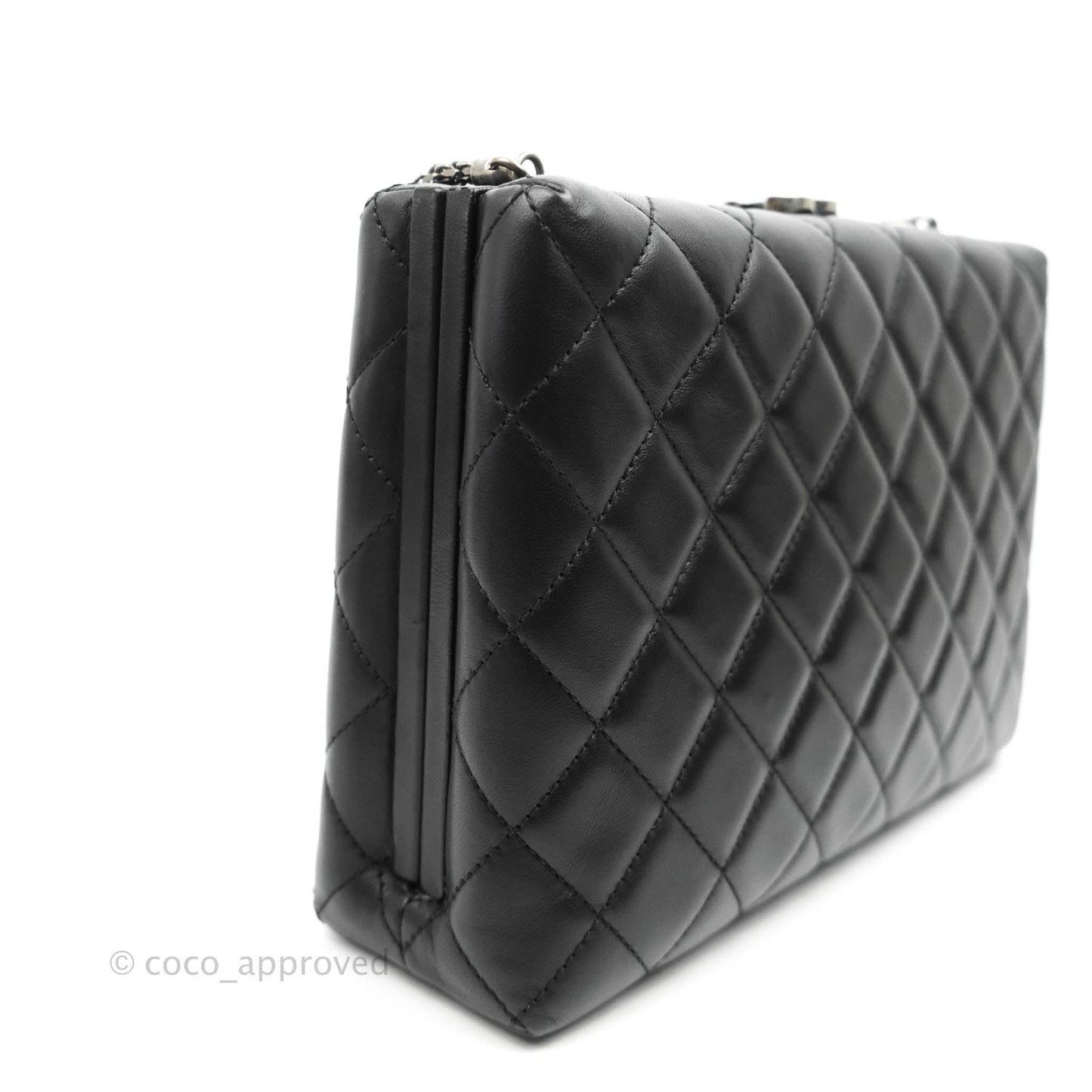 Chanel Quilted CC Kisslock Box With Chain Black Lambskin Ruthenium Hardware