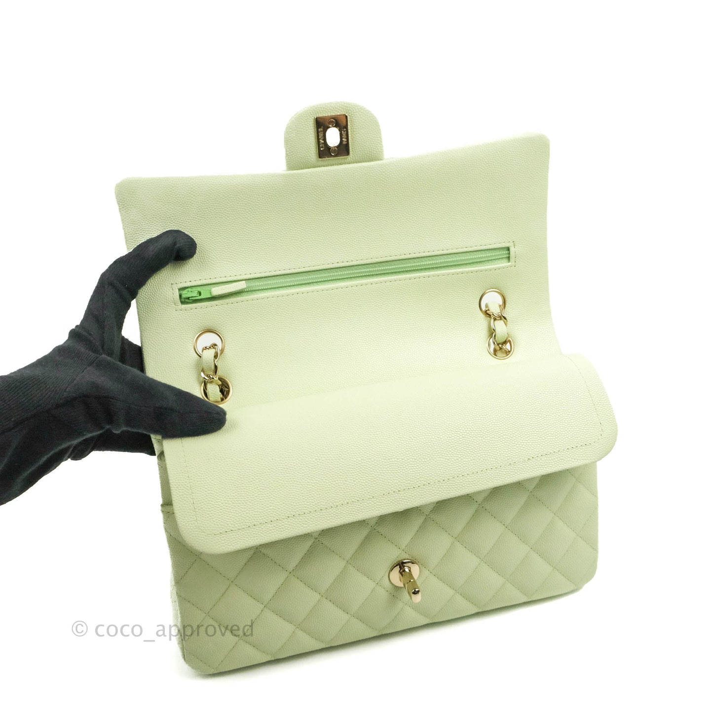 Chanel Classic M/L Medium Flap Quilted Avocado Green Caviar Gold Hardware