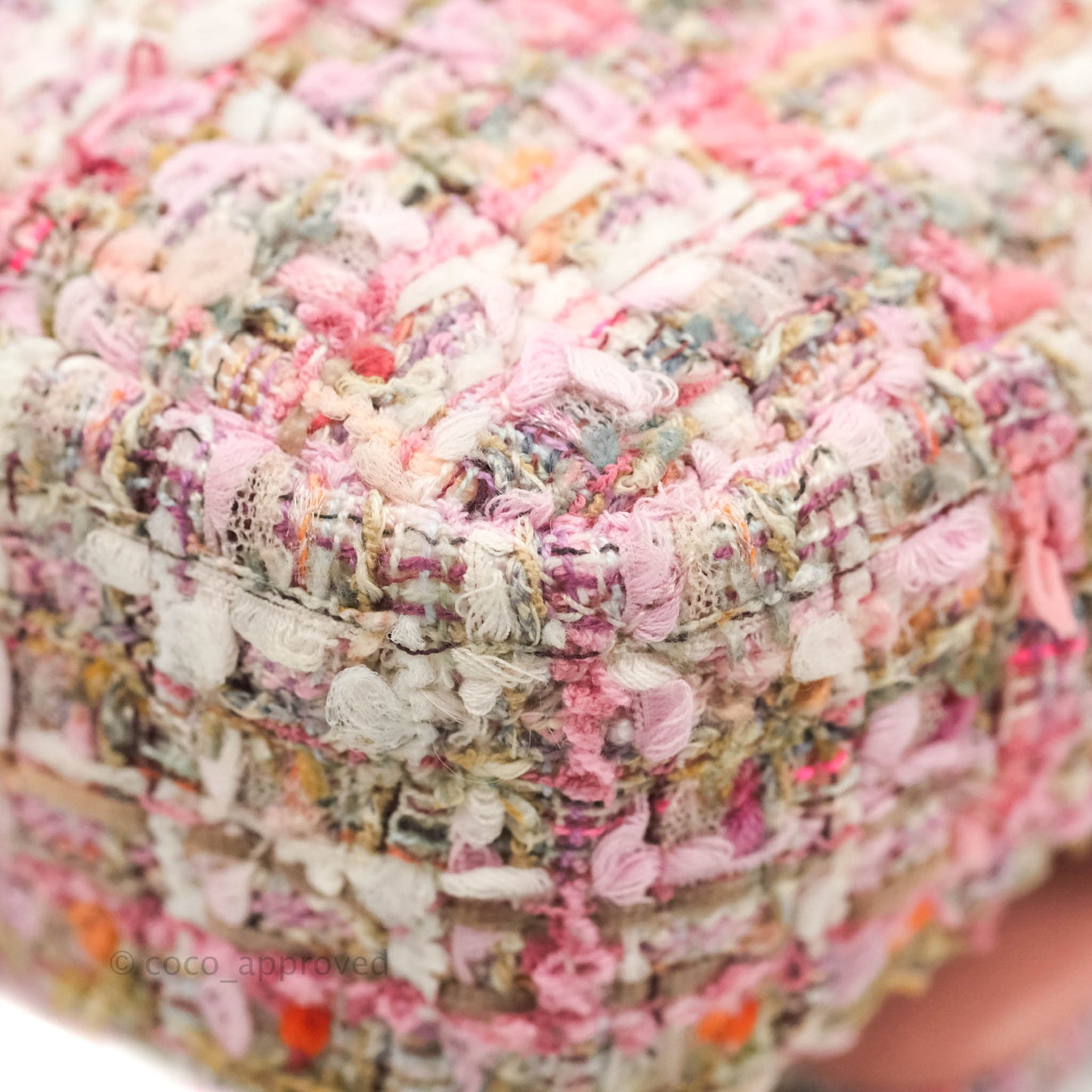 Chanel Medium Pink Tweed Flap Bag With Large Pearl Handle Gold Hardware