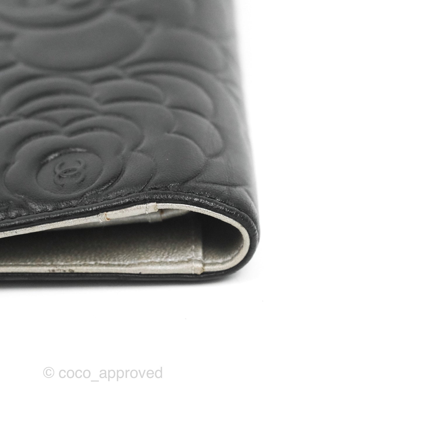 Chanel Yen Camellia Embossed Wallet Black Lambskin Silver Hardware