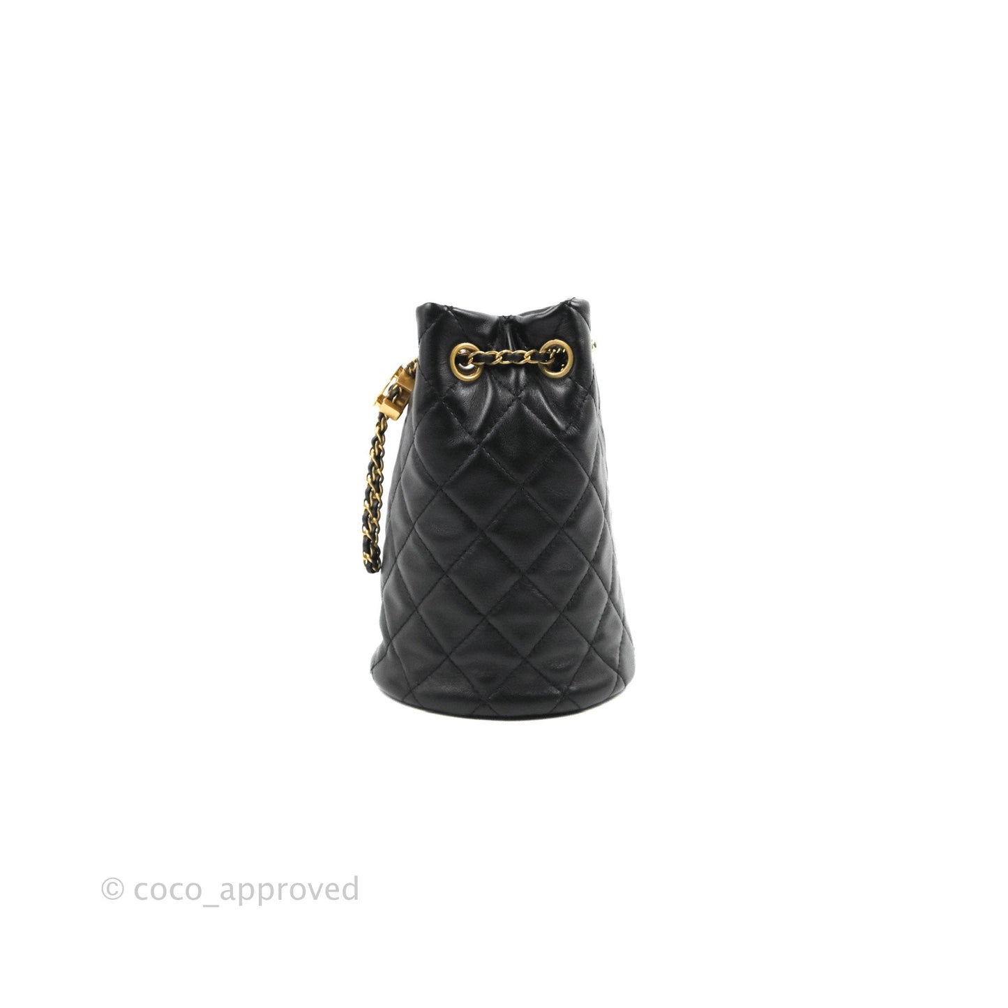 Chanel Pearl Crush Bucket Bag Black Lambskin Aged Gold Hardware 22S