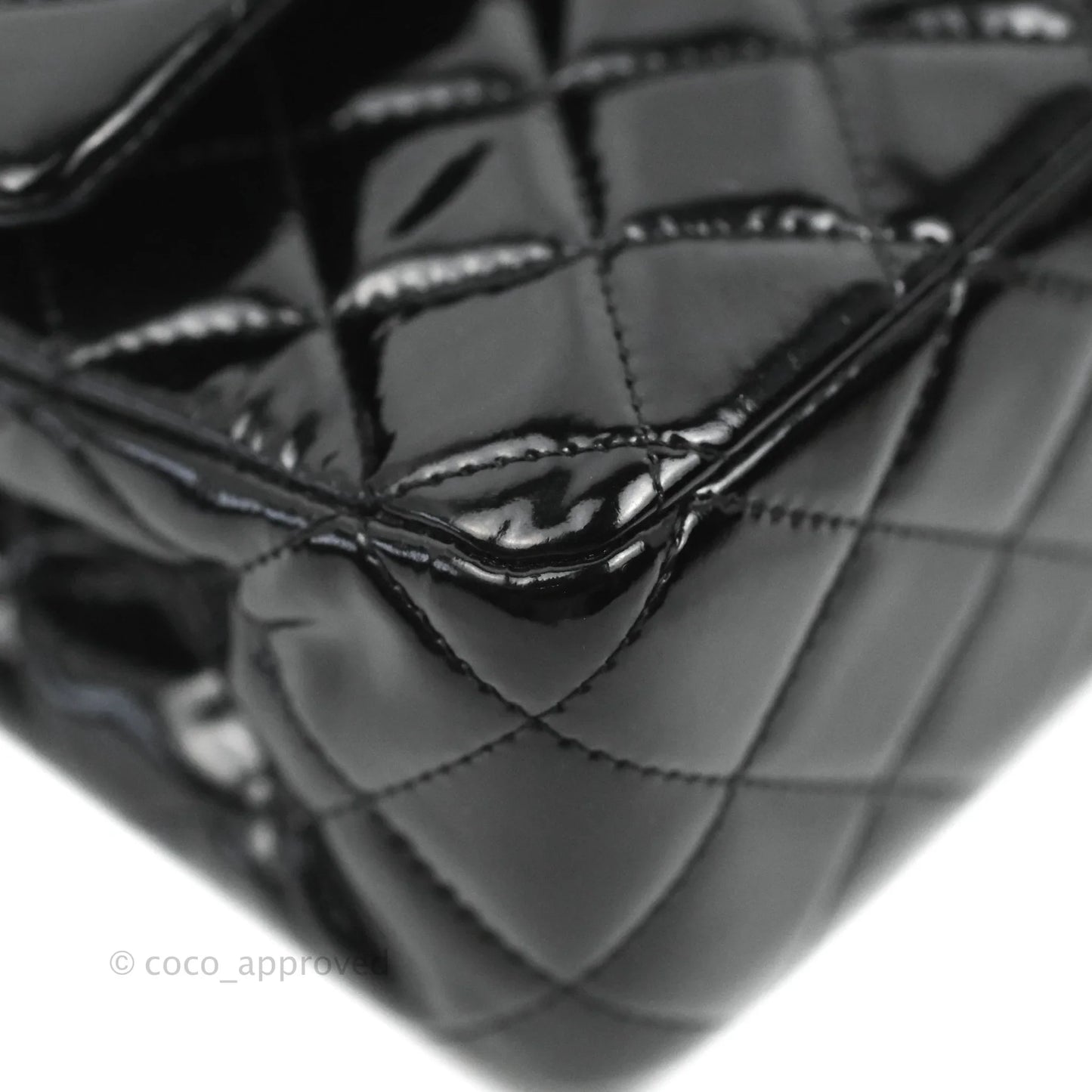 Chanel Classic Quilted M/L Medium Double Flap Black Patent Silver Hardware
