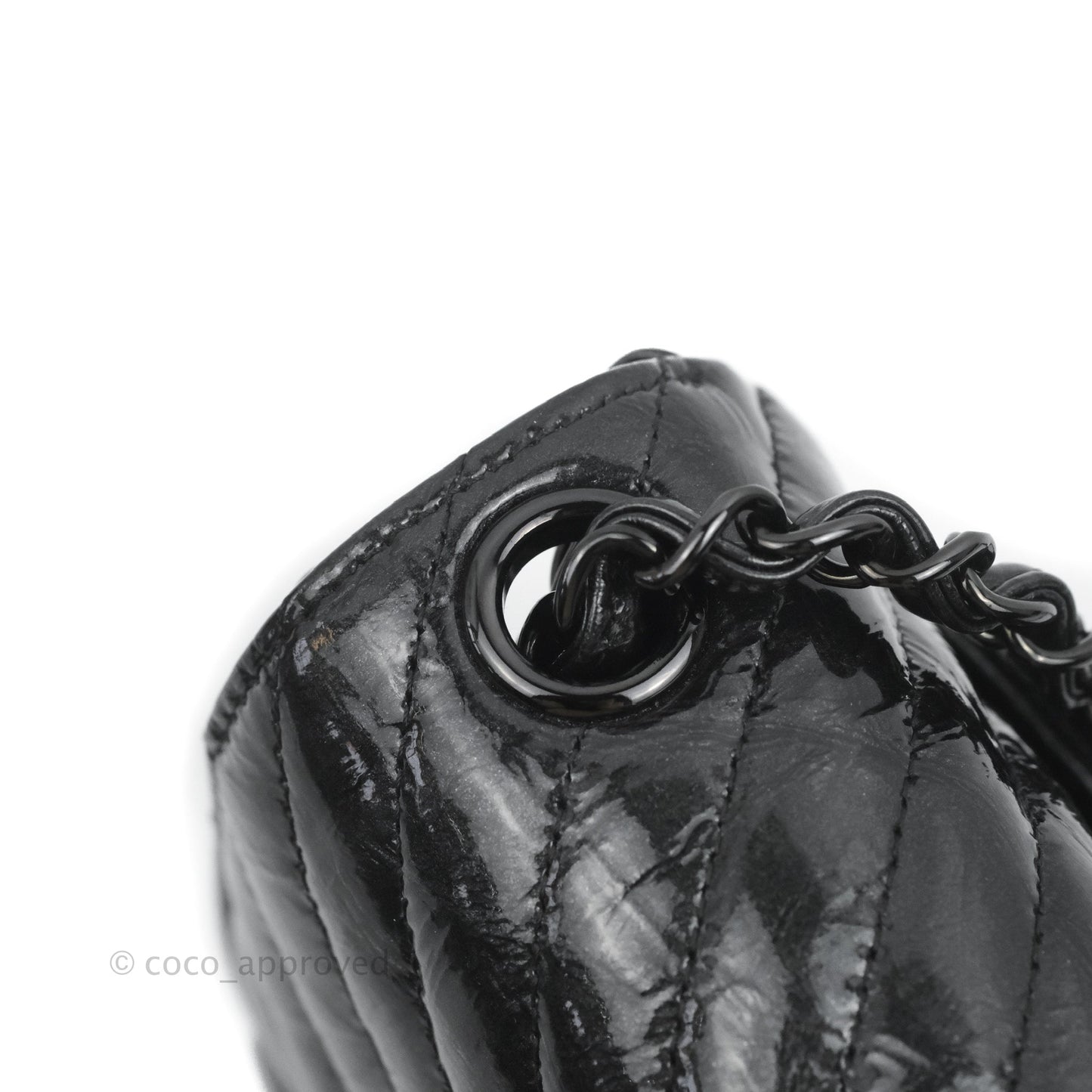 Chanel Mini Square Chevron Flap Black Crumpled Metallic Patent So Black