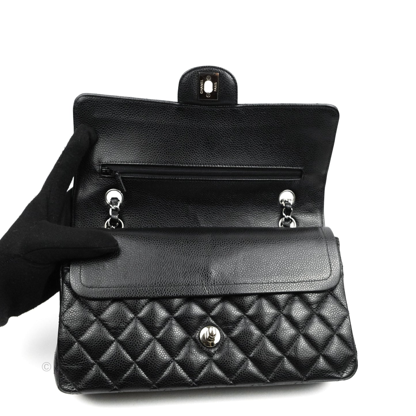 Chanel Classic M/L Medium Flap Quilted Black Caviar Silver Hardware