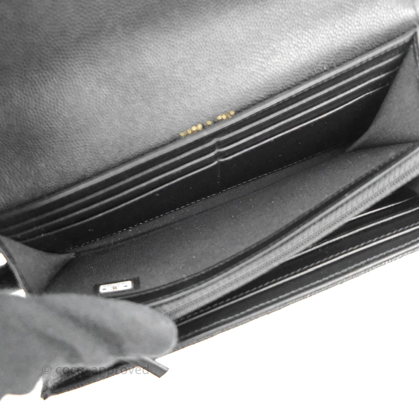 Chanel Quilted Pocket Long Wallet On Chain Black Caviar Gold Hardware 22A
