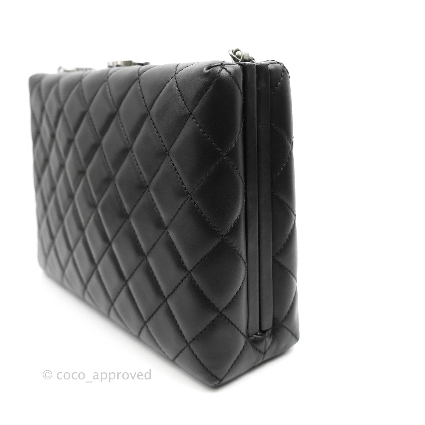Chanel Quilted CC Kisslock Box With Chain Black Lambskin Ruthenium Hardware