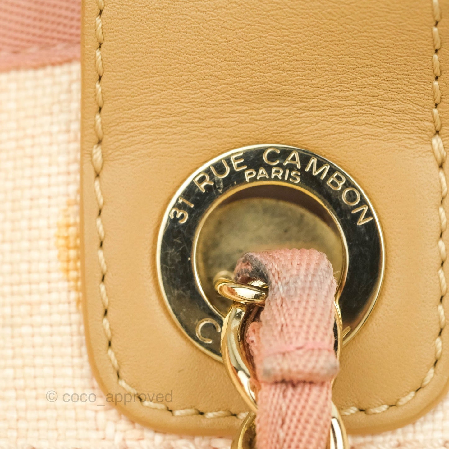 Chanel Large Deauville Pink Stripe Canvas Beige Handle Gold Hardware