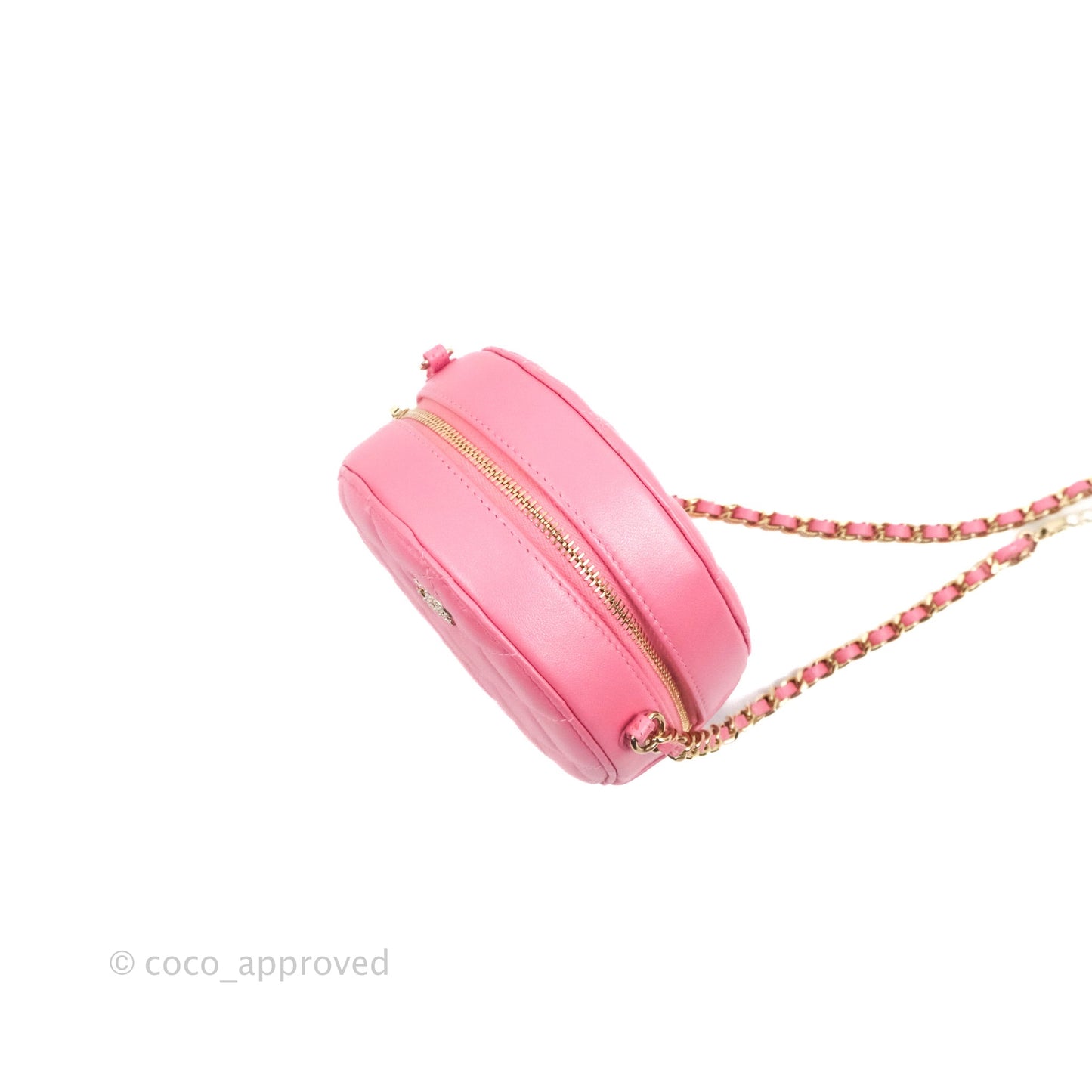 Chanel Quilted Round Clutch With Pearl Chain Iridescent Pink Lambskin Gold Hardware