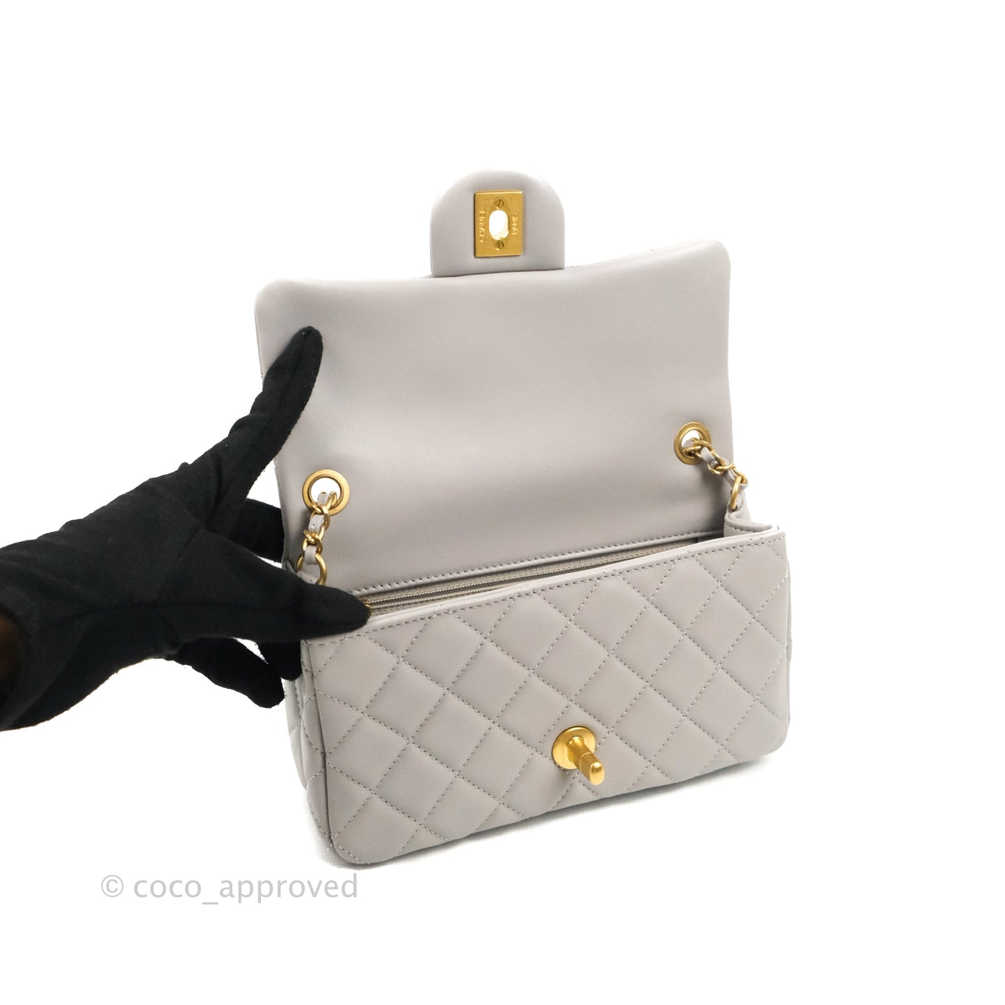 Chanel Mini Rectangular Pearl Crush Quilted Grey Lambskin Aged Gold Hardware