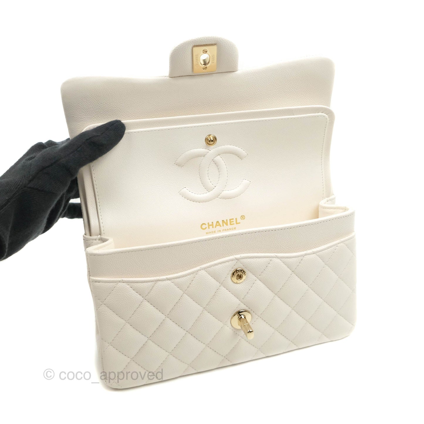 Chanel Classic Small S/M Flap White Caviar Gold Hardware 21S