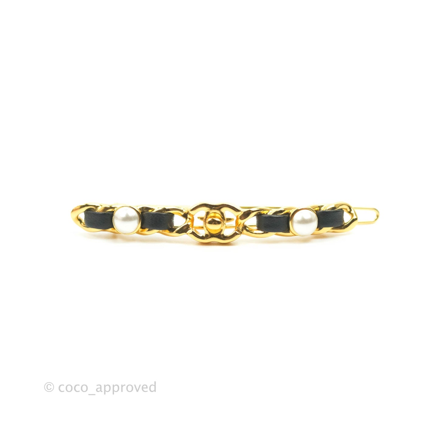 Chanel CC Lock Pearl Chain Hair Clip Gold Tone 20A