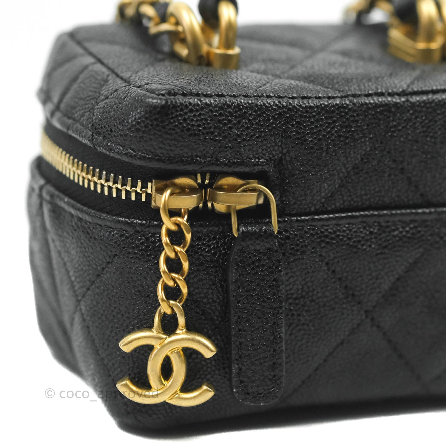 Chanel Quilted Mini Top Handle Vanity With Chain Black Caviar Aged Gold Hardware