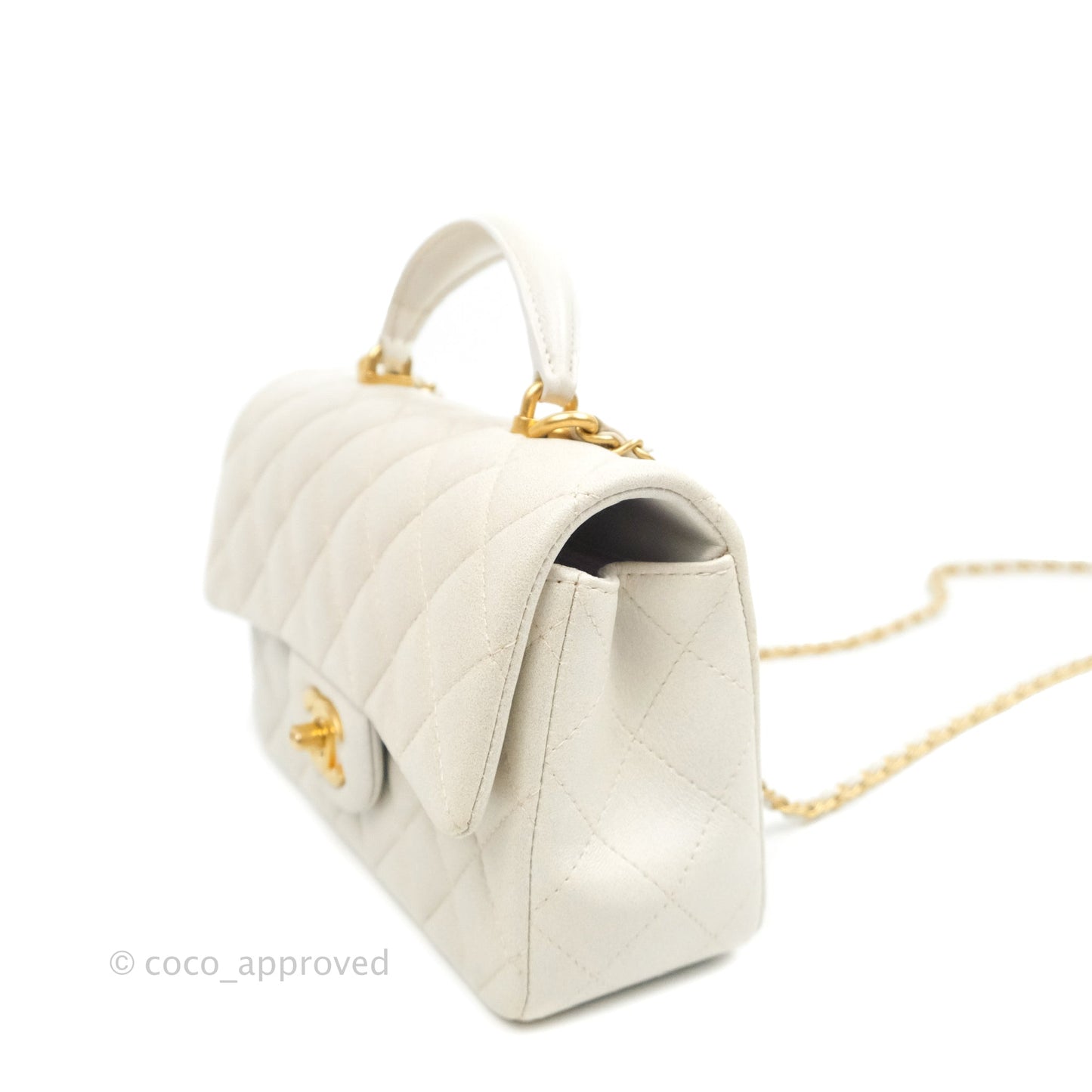 Chanel Top Handle Mini Rectangular Flap Bag Iridescent White Lambskin Aged Gold Hardware