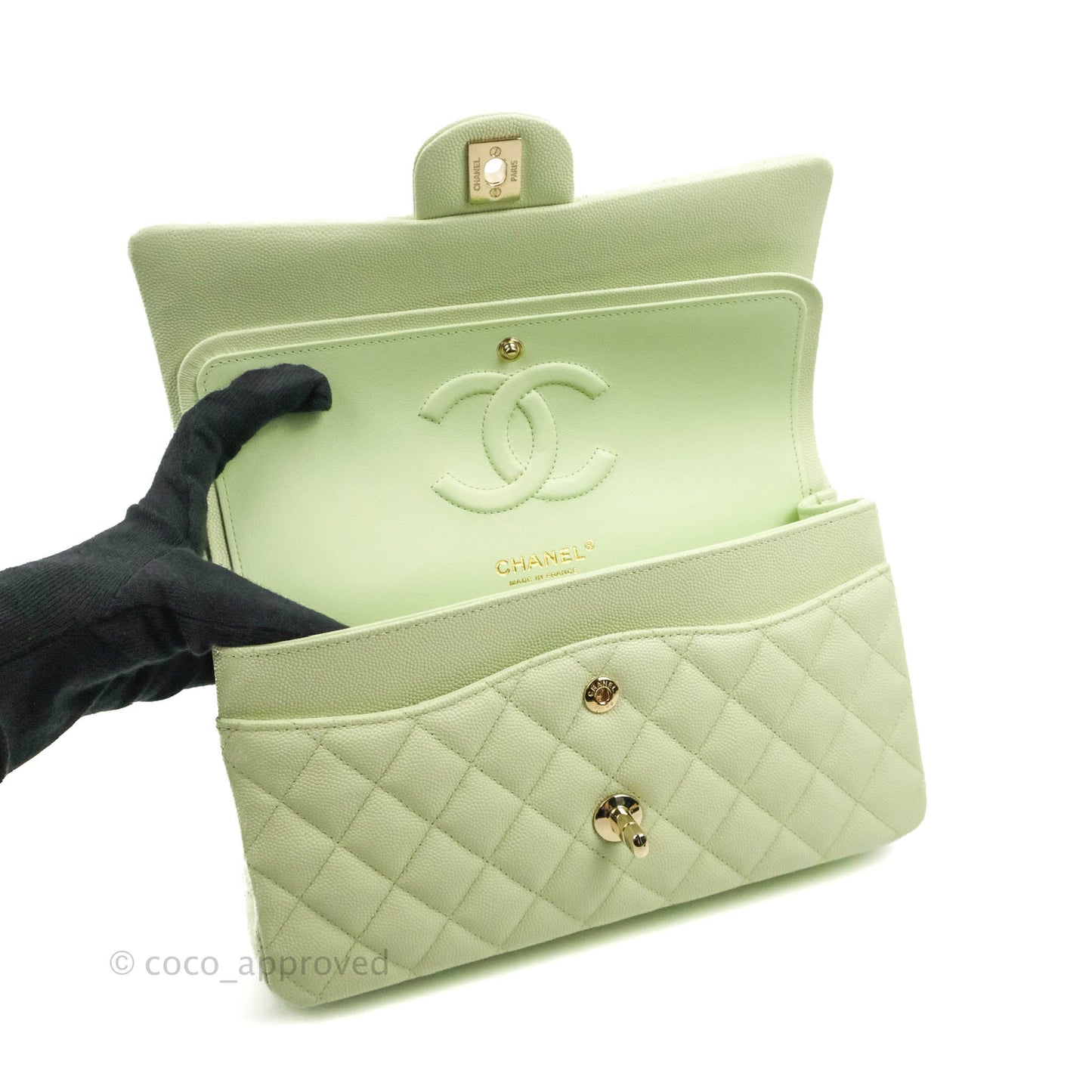 Chanel Classic M/L Medium Flap Quilted Avocado Green Caviar Gold Hardware