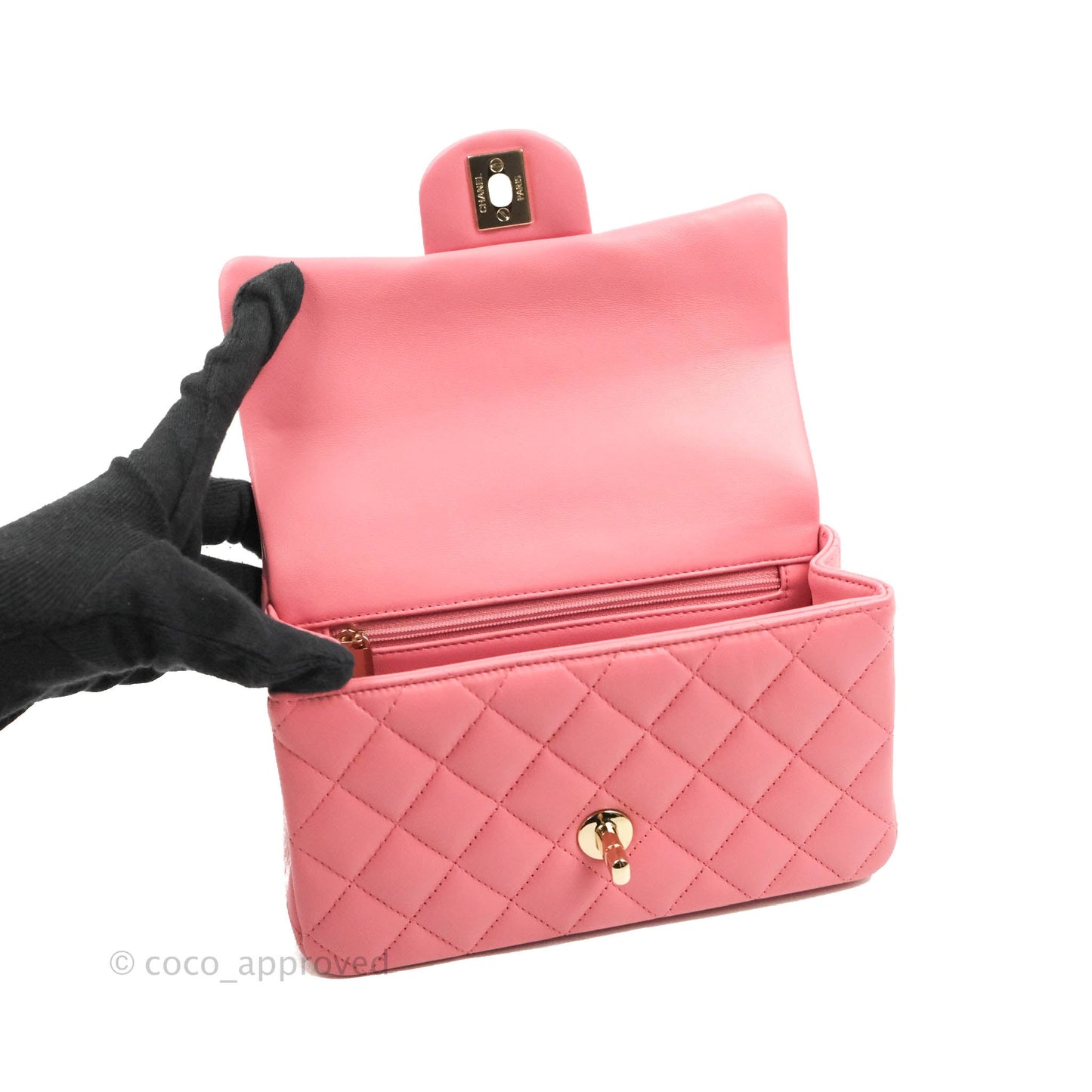 Chanel Top Handle Mini Rectangular Flap Bag Rosy Pink Lambskin Gold Hardware