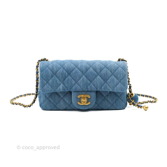 Chanel Mini Rectangular Pearl Crush Quilted Denim Aged Gold Hardware 22C