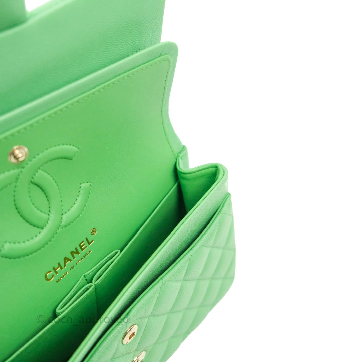 Chanel Small Classic Quilted Flap Green Caviar Gold Hardware