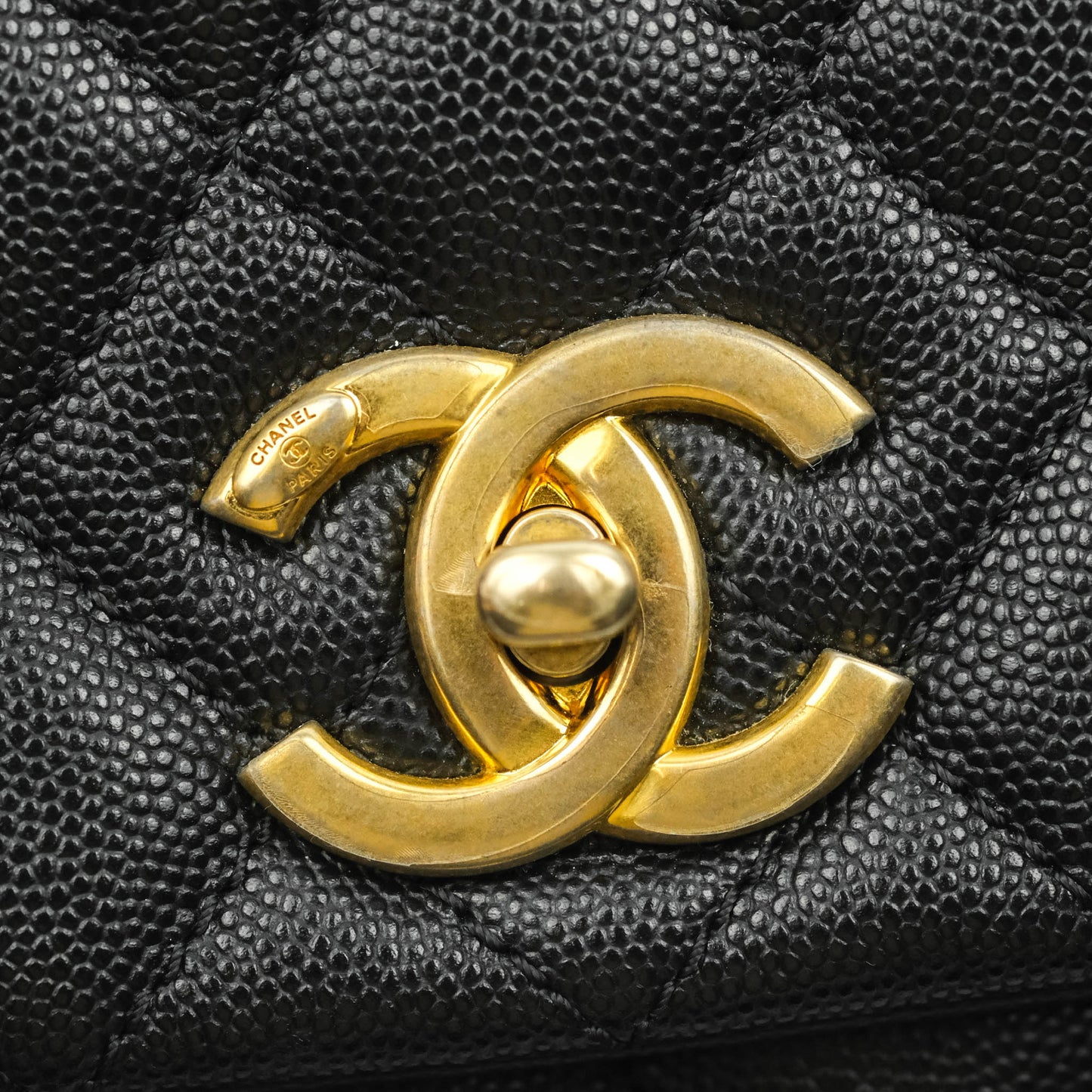 Chanel Medium Coco Handle Quilted Black Caviar Lizard Handle Gold Hardware