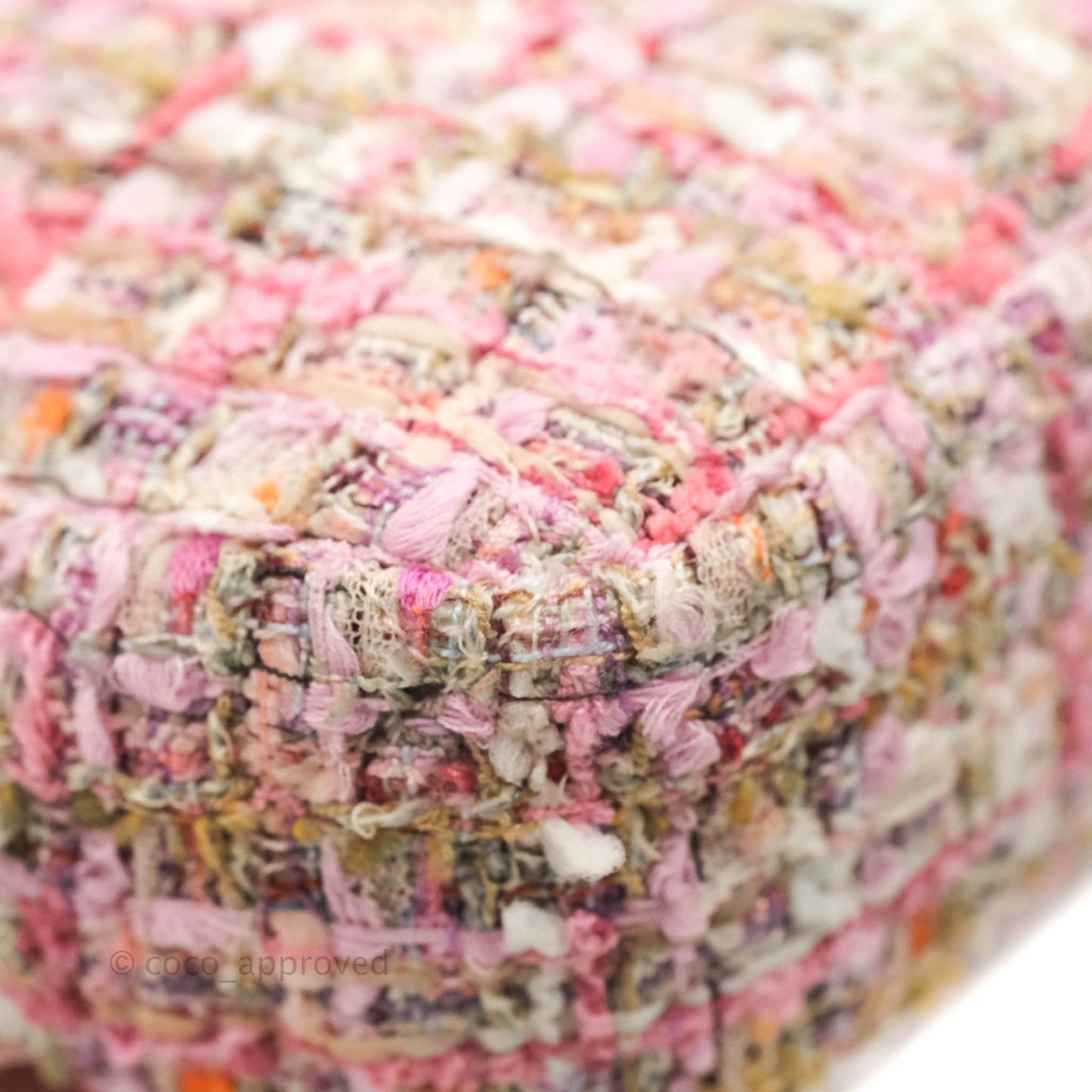 Chanel Medium Pink Tweed Flap Bag With Large Pearl Handle Gold Hardware