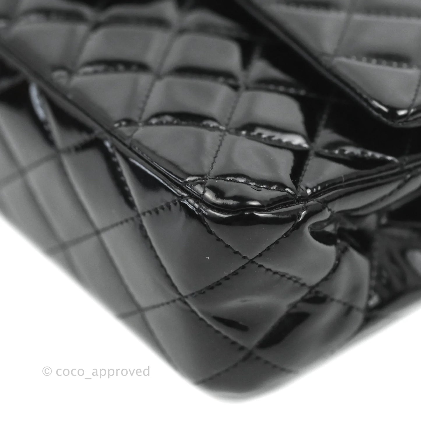 Chanel Classic Quilted M/L Medium Double Flap Black Patent Silver Hardware