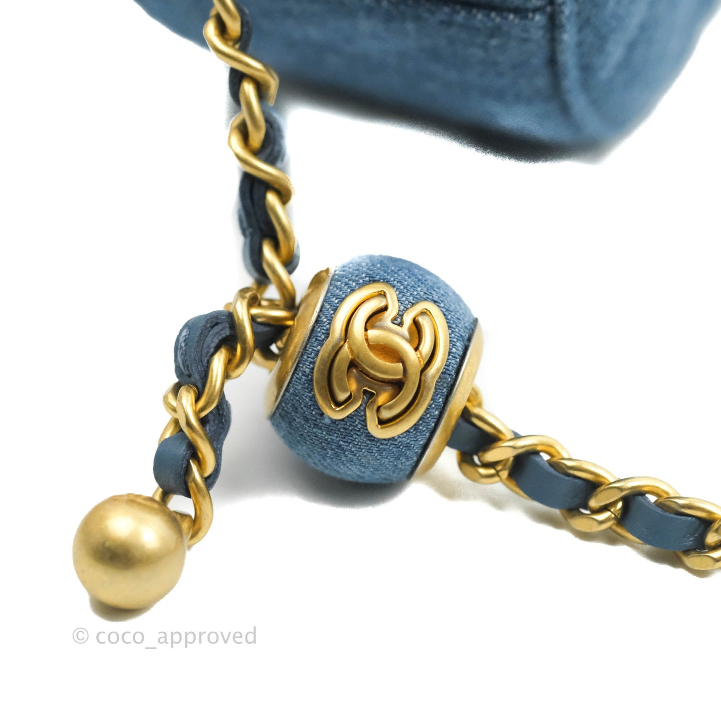 Chanel Quilted Pearl Crush Round Clutch With Chain Denim Aged Gold Hardware