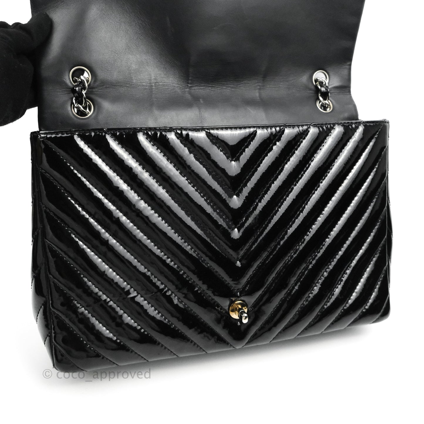 Chanel Single Flap Maxi Chevron Black Patent Silver Hardware