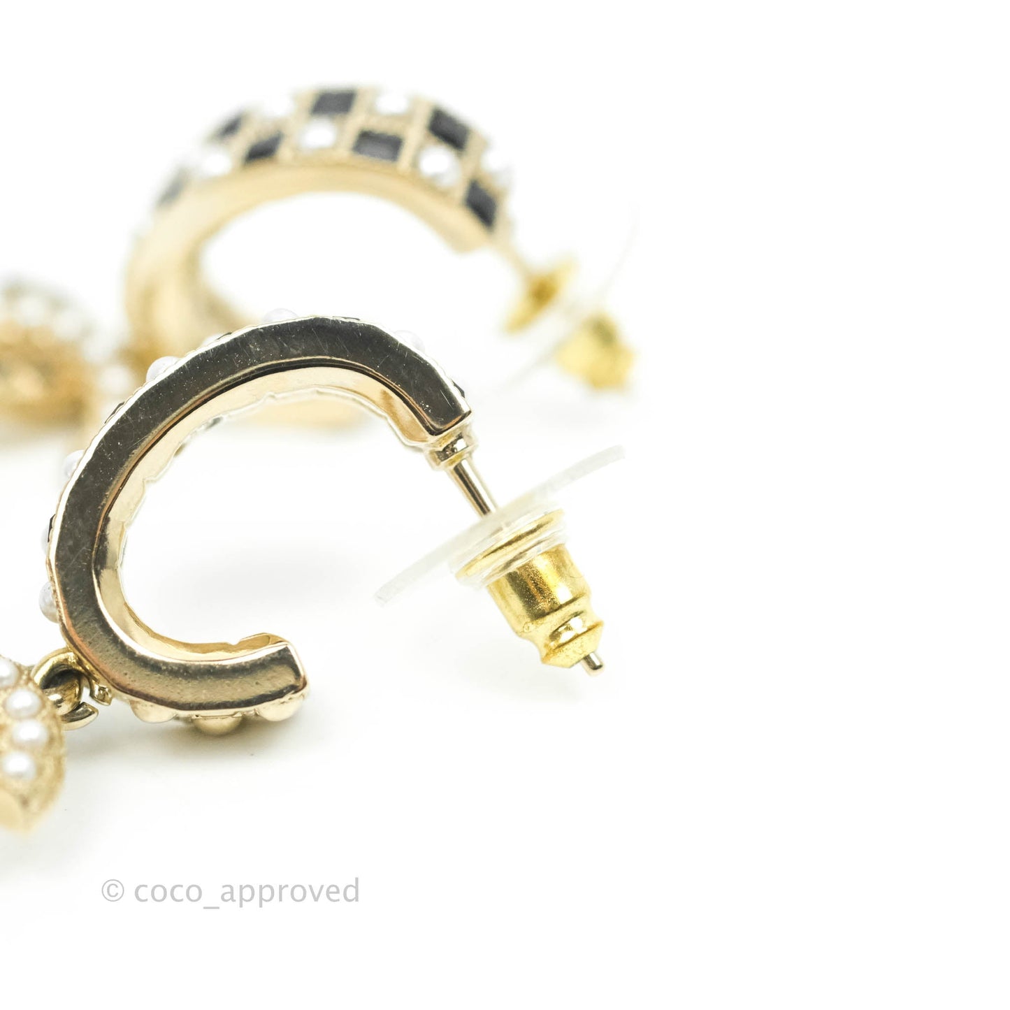 Chanel Crystal Black Resin Drop CC Hoop Earrings Gold Tone 21A