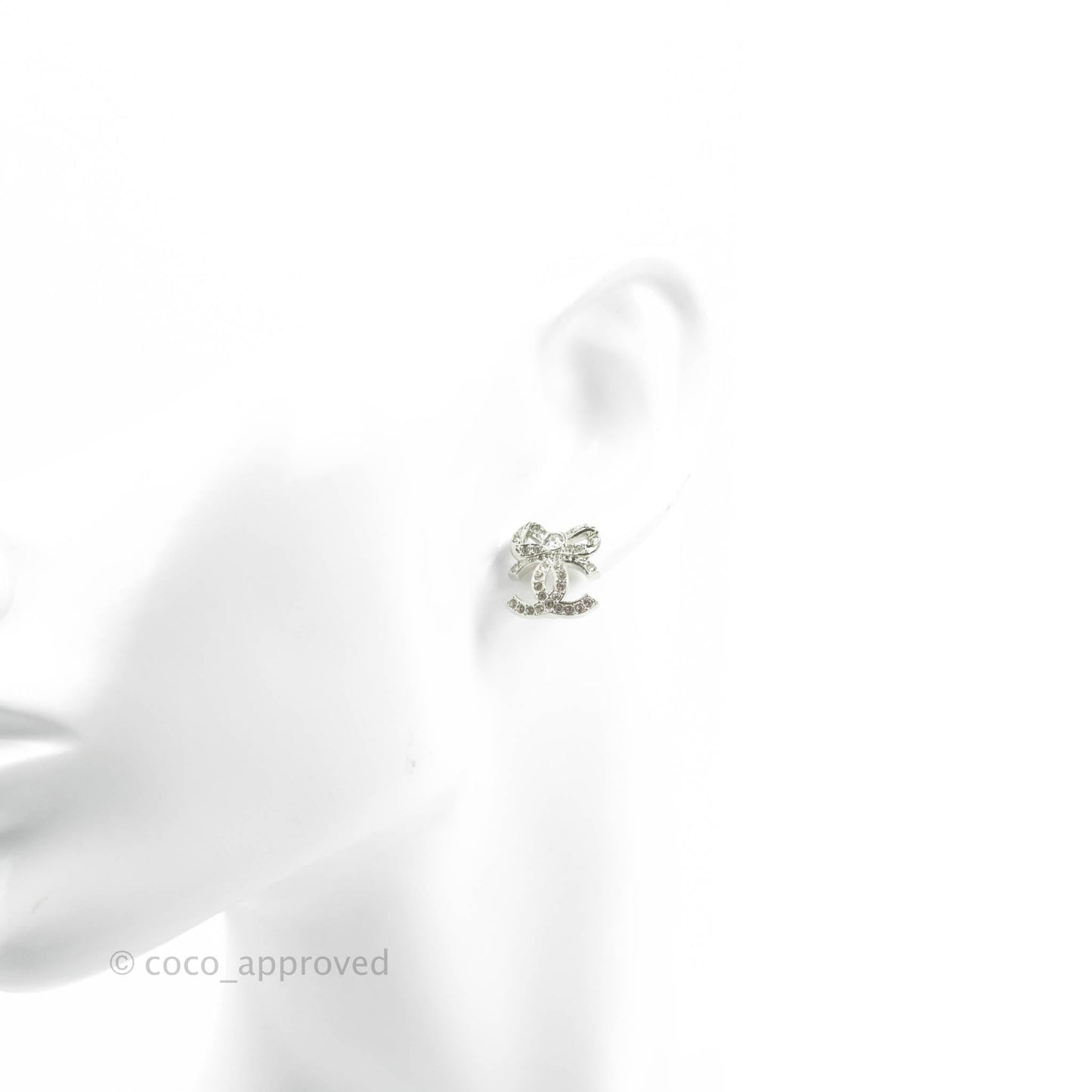 Chanel Crystal CC Bow Knot Earrings Silver Tone 22B