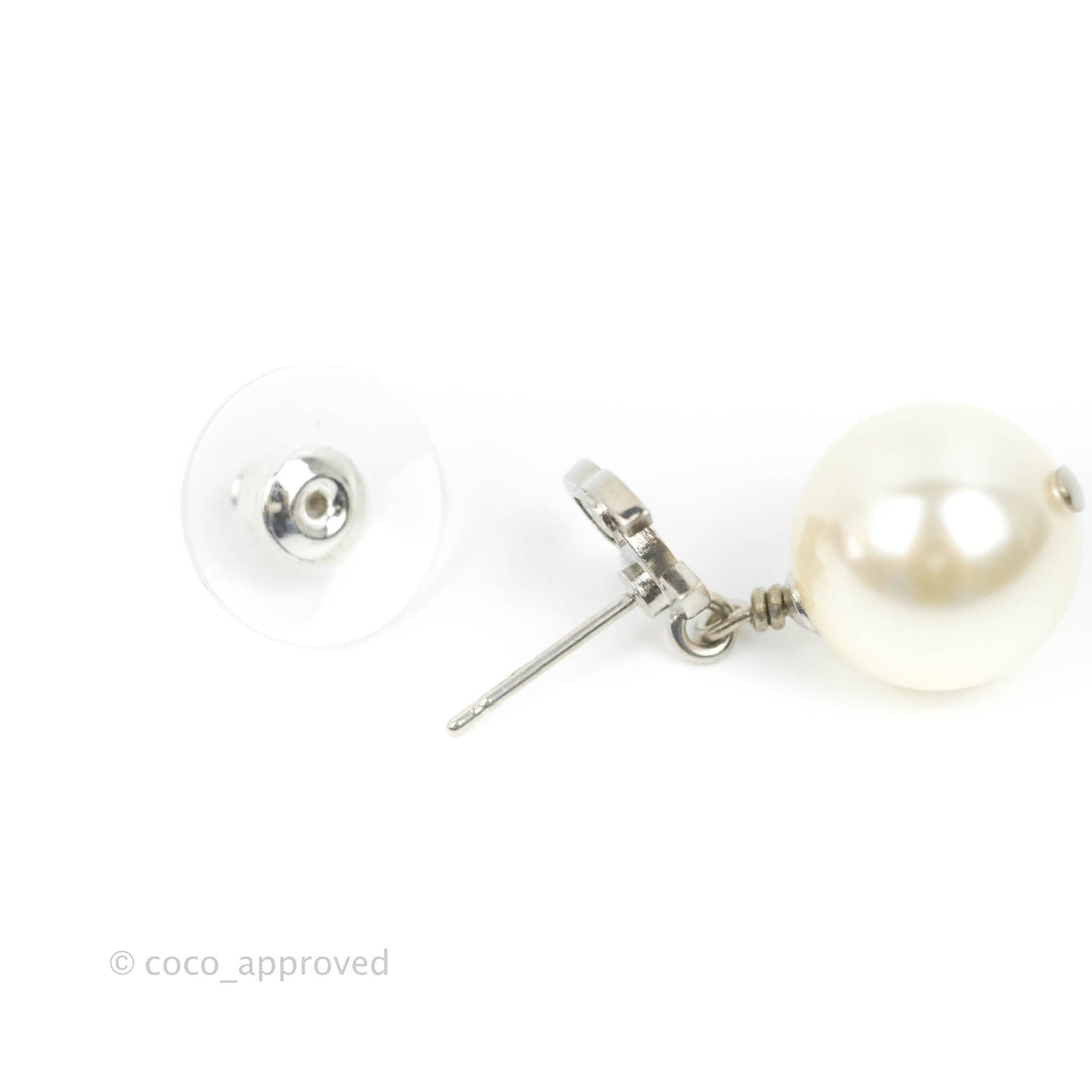 Chanel CC Crystal Pearl Drop Earrings Silver Tone 23V