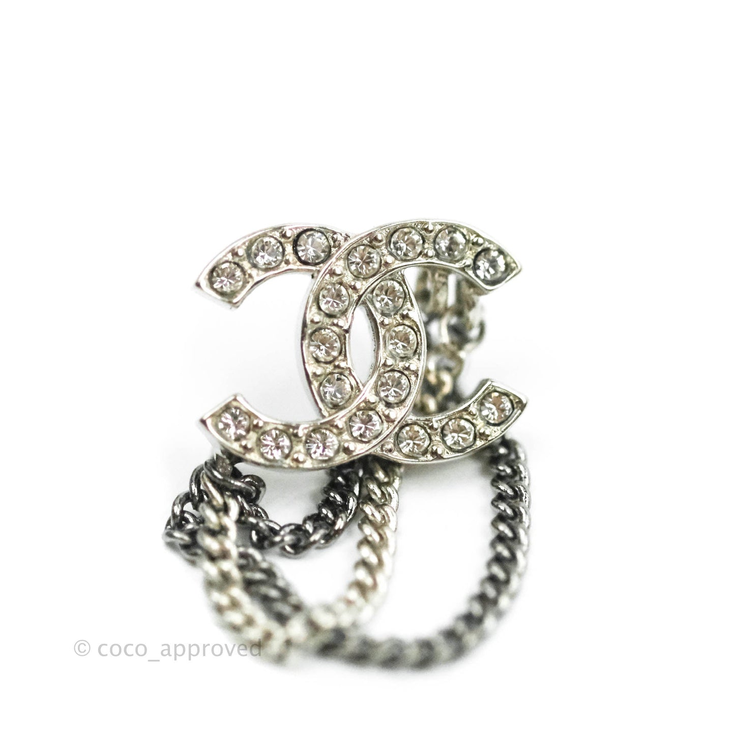 Chanel Crystal CC Chain Pendant Earrings Silver Tone 21B