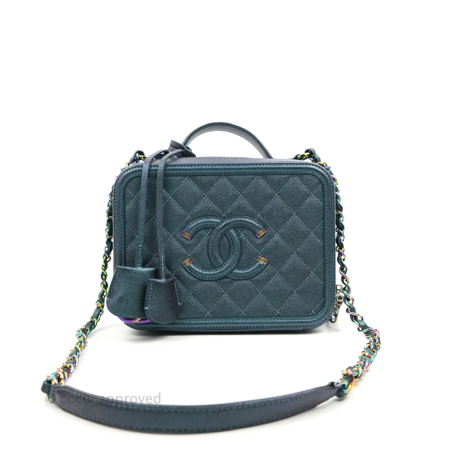 Chanel Quilted Medium CC Filigree Vanity Case Iridescent Dark Turquoise Caviar Rainbow Hardware
