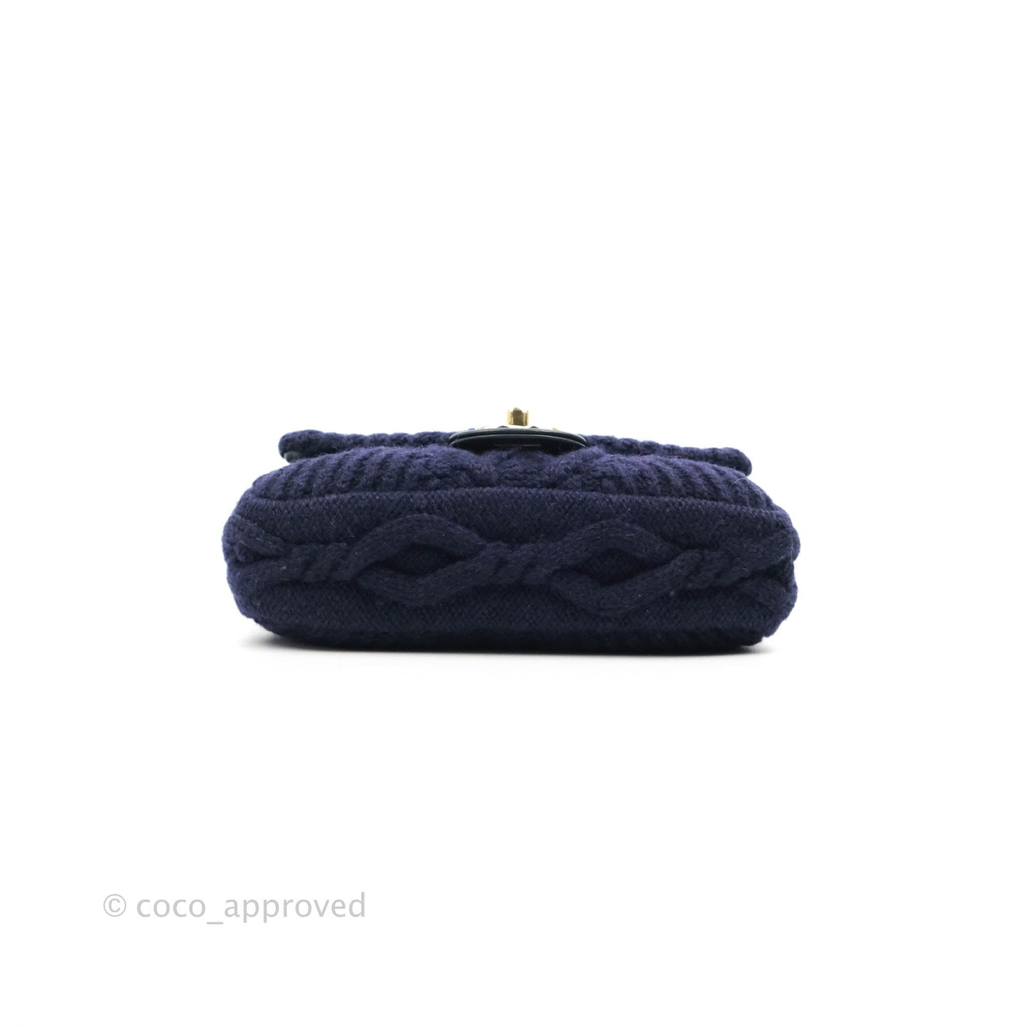 Chanel Mini Rectangular Flap Navy Blue Cable Knit Gold Hardware