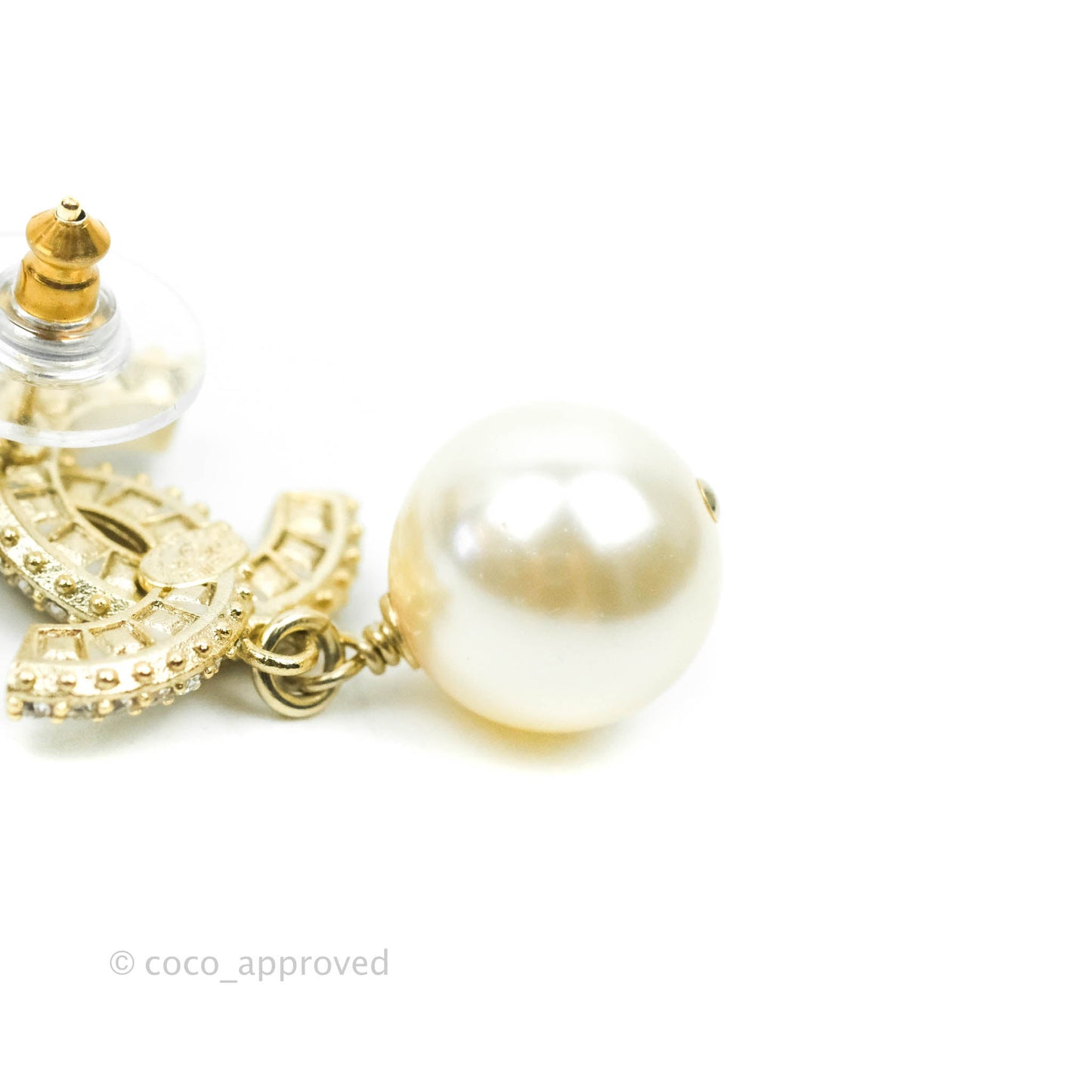 Chanel CC Rhinestone Pearl Drop Earrings Gold Tone