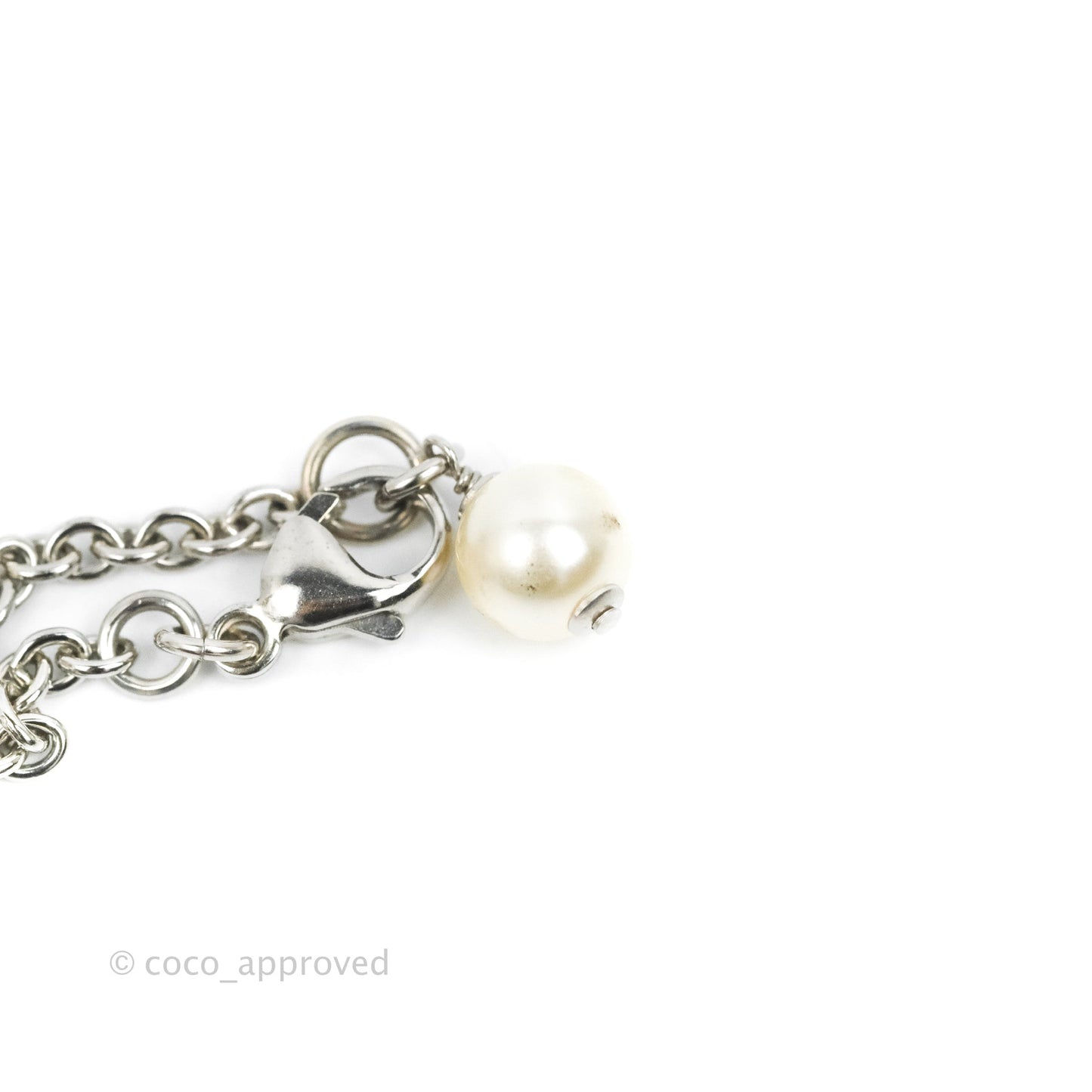 Chanel CC Crystal With Pearl Rhinestone Necklace Silver Tone 17K