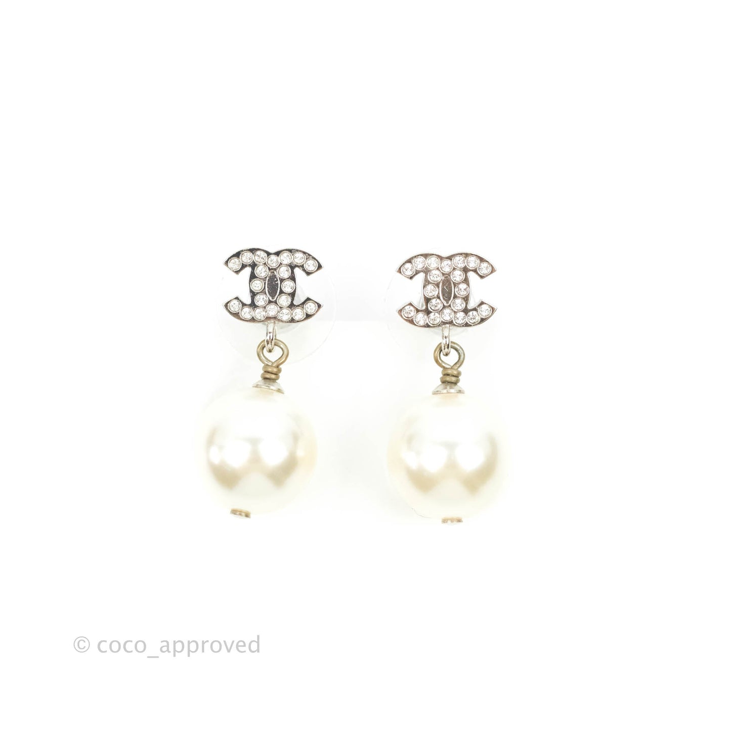 Chanel CC Rhinestone Pearl Drop Earrings Silver Tone