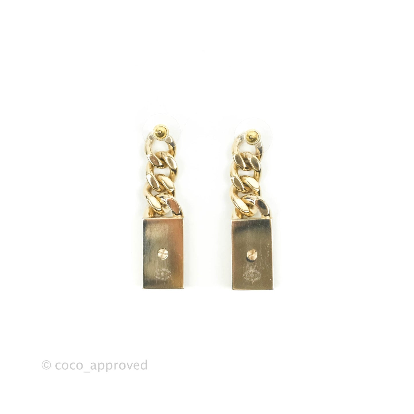 Chanel Chain CC Crystal Plate Drop Earrings Gold Tone 21C
