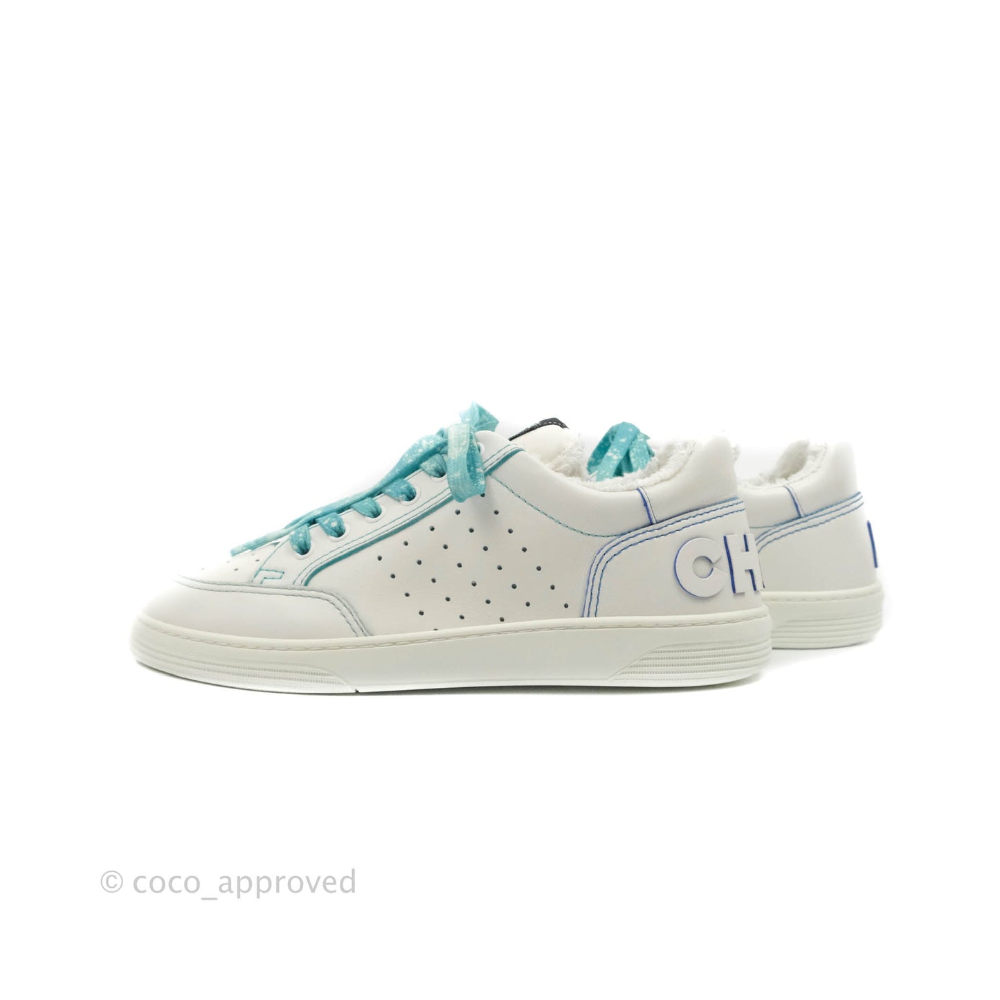 Chanel Calfskin Logo Sneakers White Blue Size 39