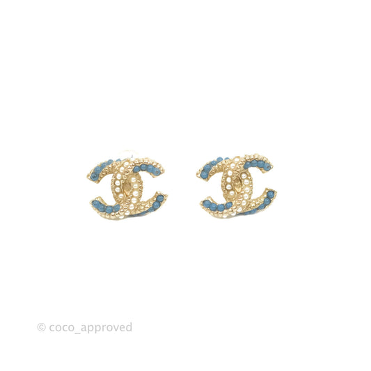 Chanel CC Pearl Blue Resin Earrings Gold Tone 18P