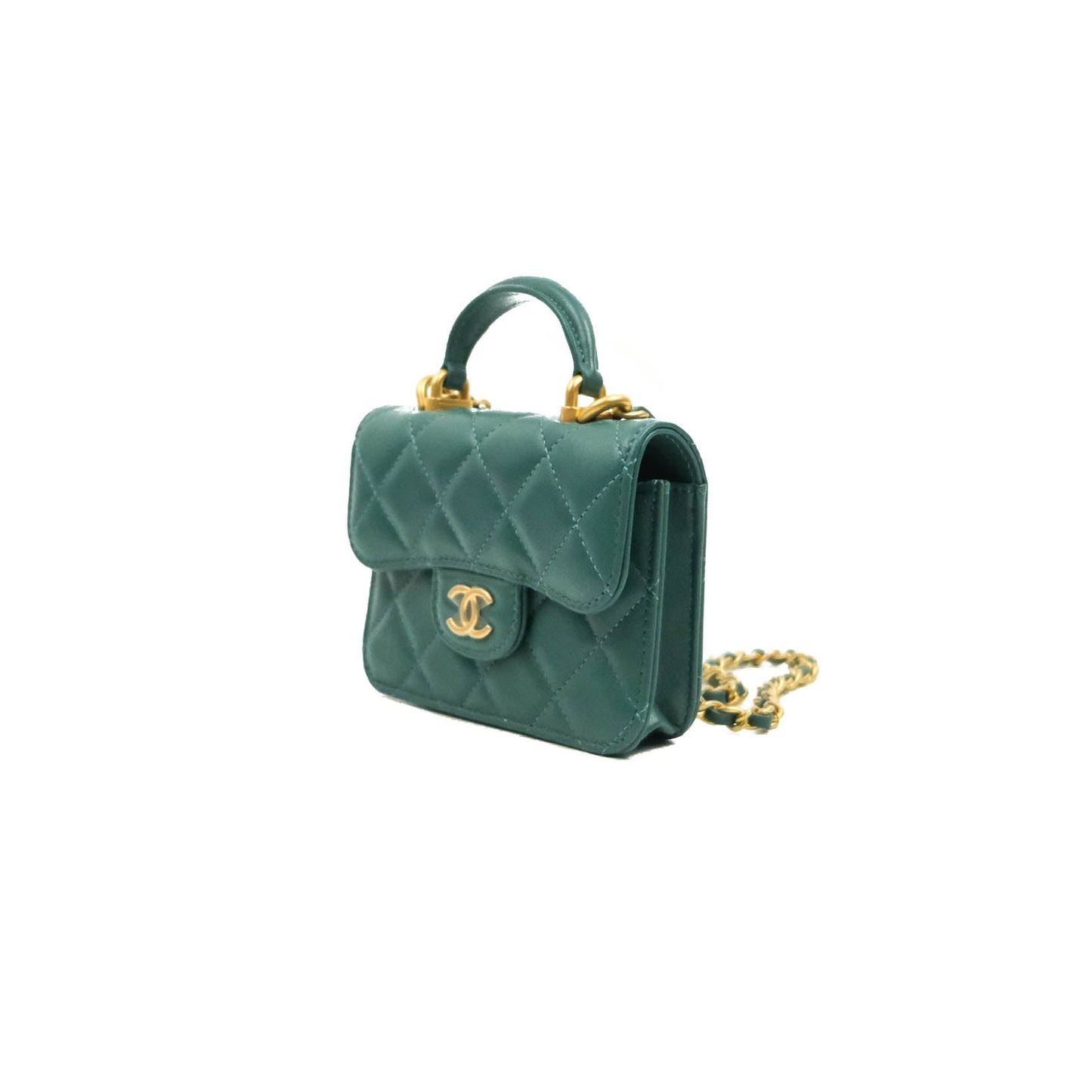 Chanel Mini Handle Flap Coin Purse With Chain Green Lambskin Gold Hardware