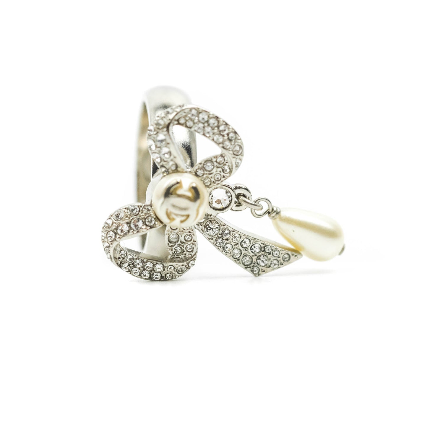 Chanel CC Crystal Bow Knot Drop Tear Pearl Ring Silver Tone 20A