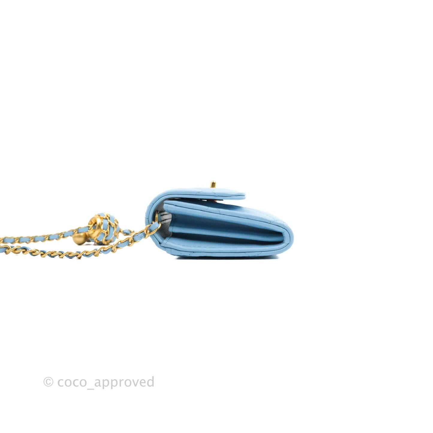Chanel Pearl Crush Mini Clutch With Chain Blue Lambskin Aged Gold Hardware