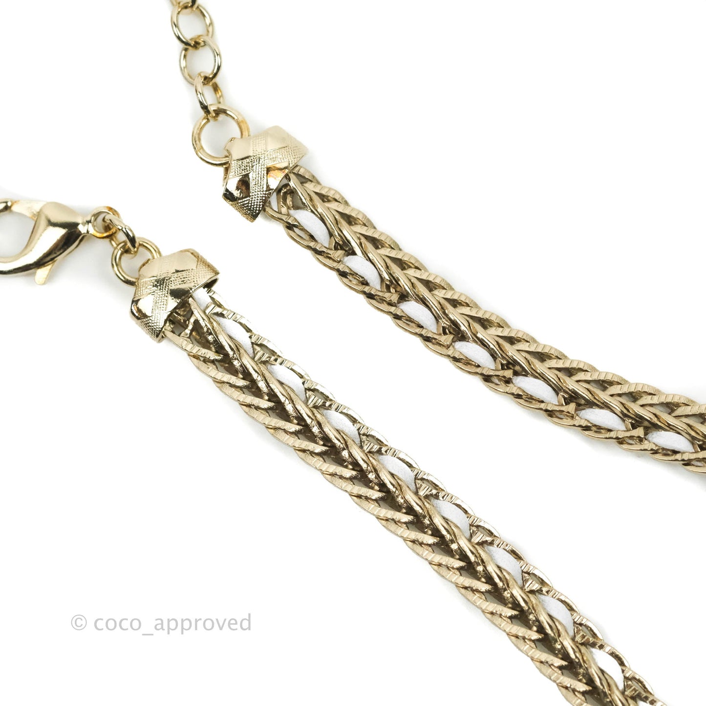 Chanel Crystal CC White Leather Braided Chain Choker Gold Tone 22S
