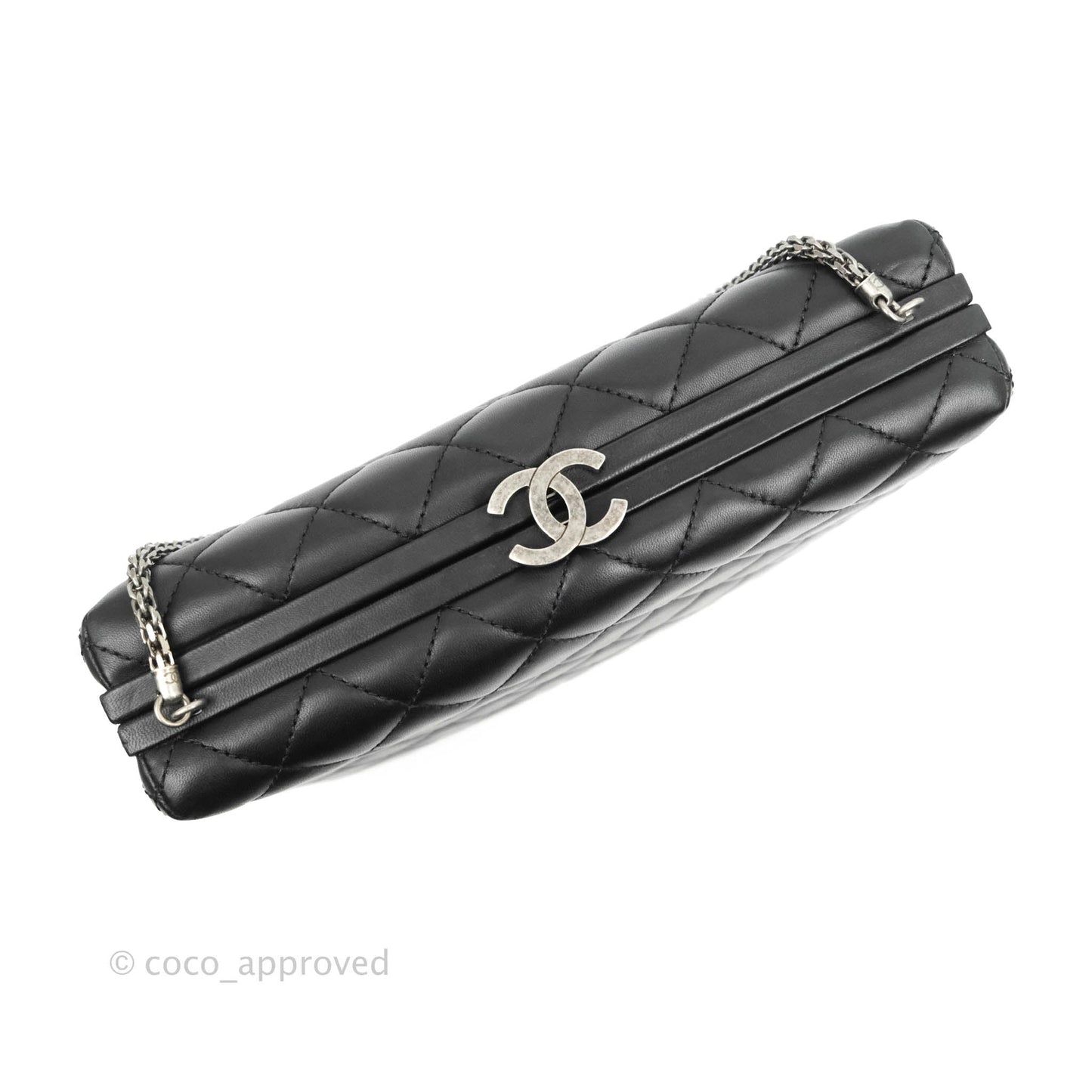 Chanel Quilted CC Kisslock Box With Chain Black Lambskin Ruthenium Hardware