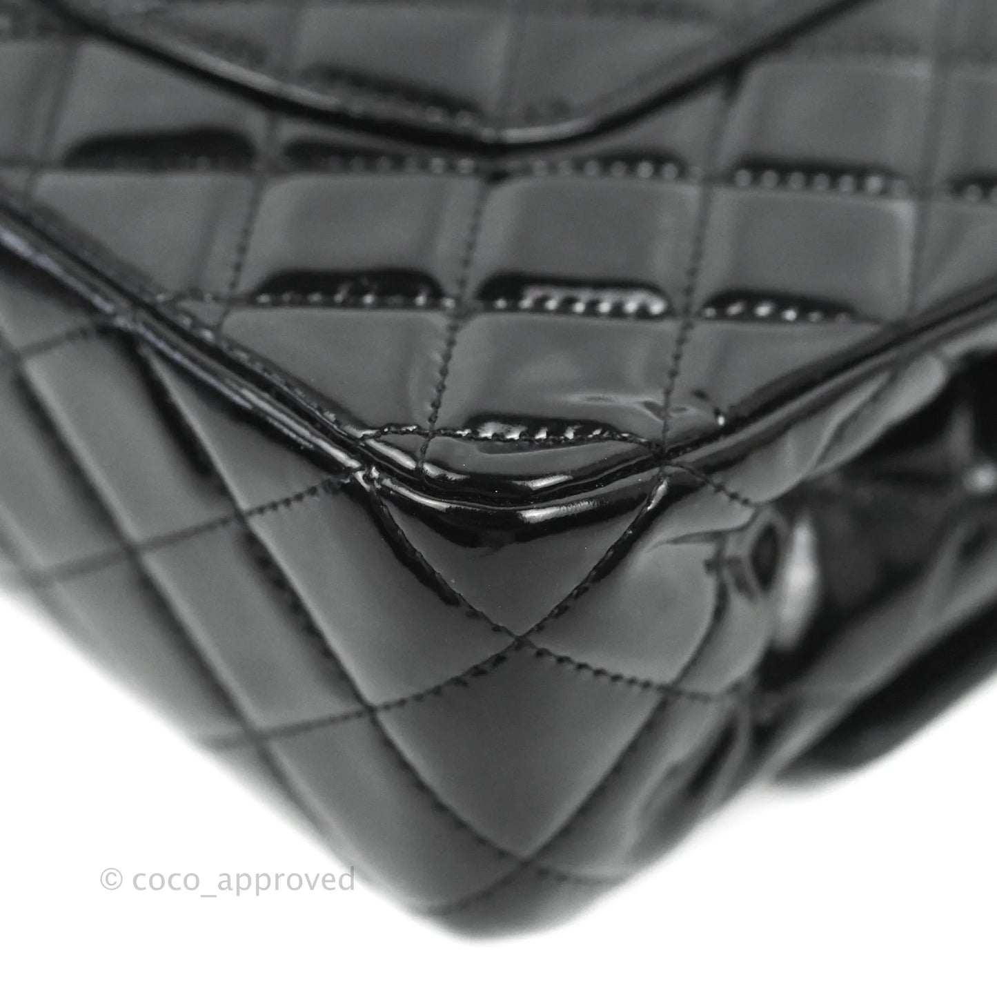 Chanel Classic Quilted M/L Medium Double Flap Black Patent Silver Hardware