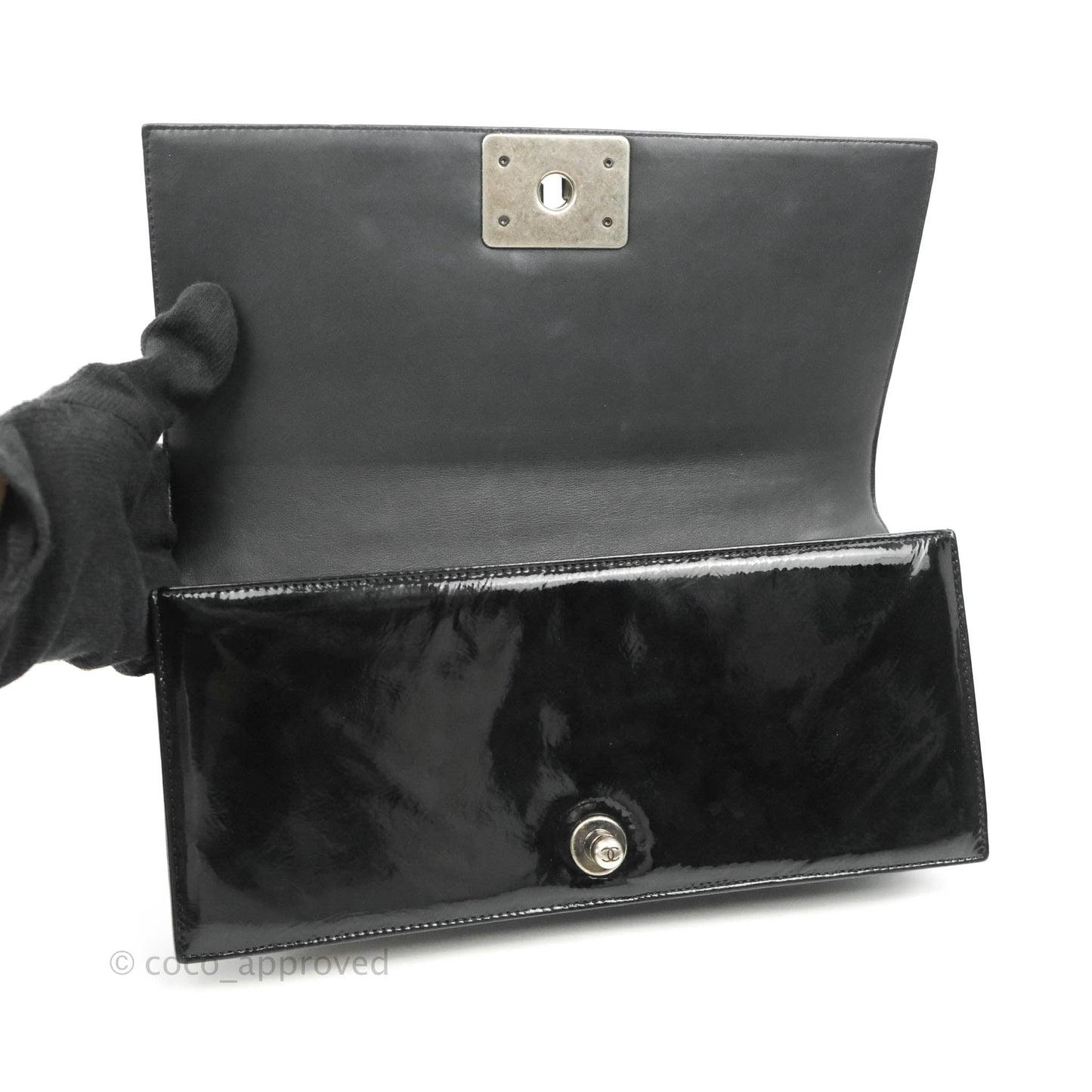 Chanel Boy Clutch Python Patent Black Ruthenium Hardware